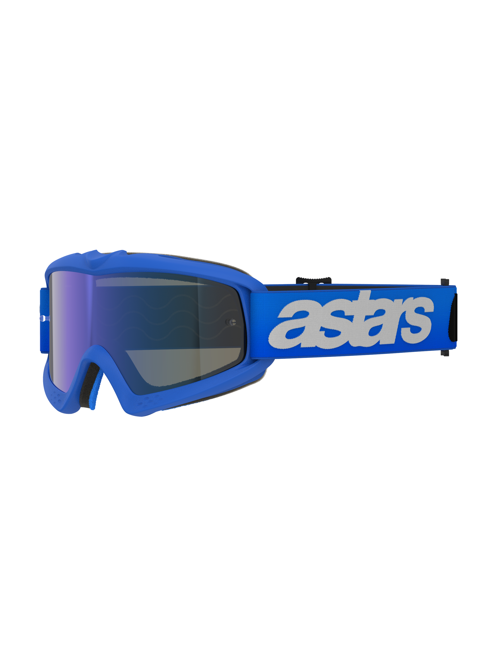 Alpinestars Vision Youth Blaze crossbril, motorcrossbril, blauw, blauw frame met blauwe spiegelende anti-condens lens, verstelbare blauwe band met wit "astars" logo, gespecialiseerde beschermende bril voor jonge rijders