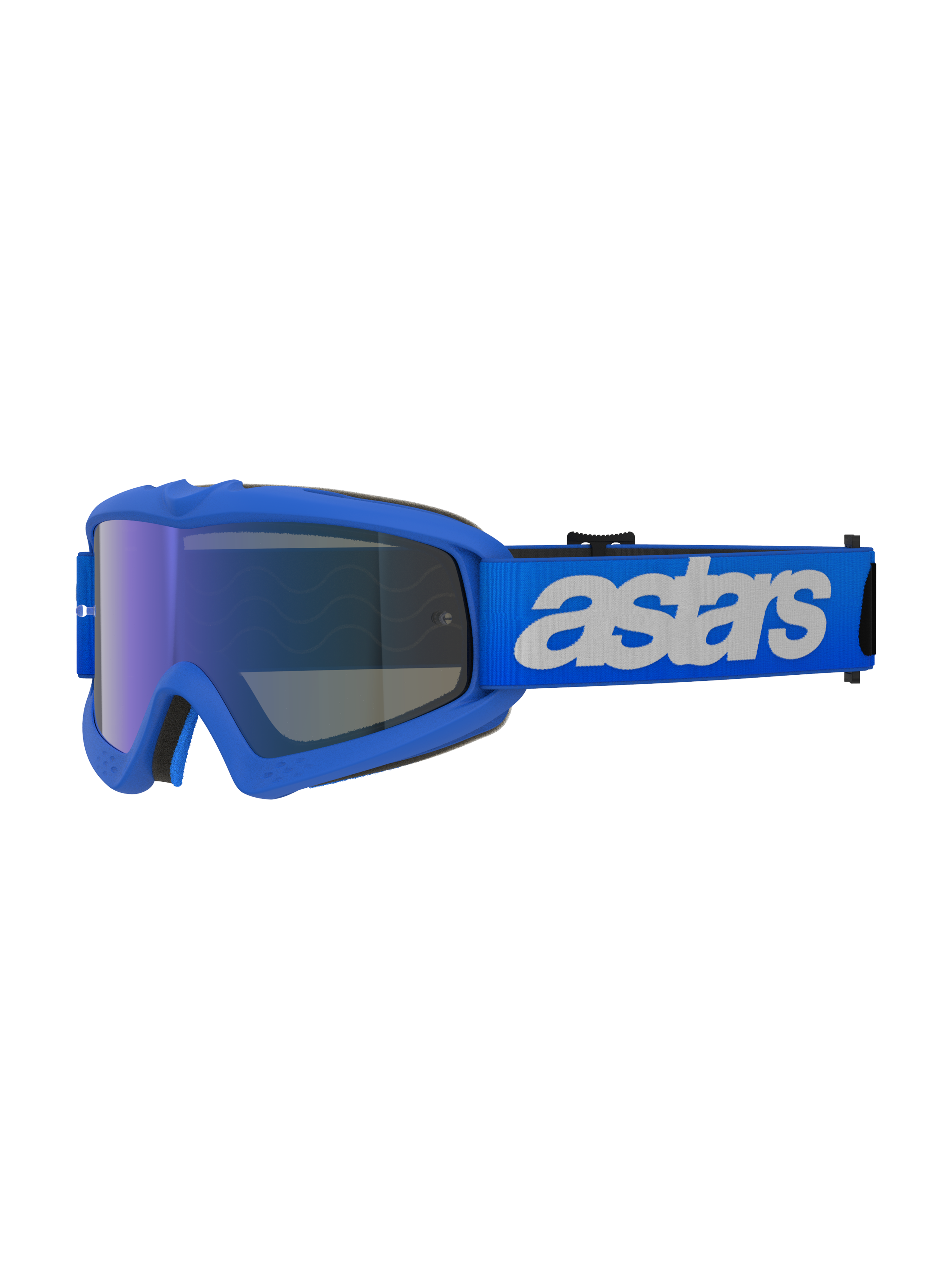 Alpinestars Vision Youth Blaze crossbril, motorcrossbril, blauw, blauw frame met blauwe spiegelende anti-condens lens, verstelbare blauwe band met wit "astars" logo, gespecialiseerde beschermende bril voor jonge rijders