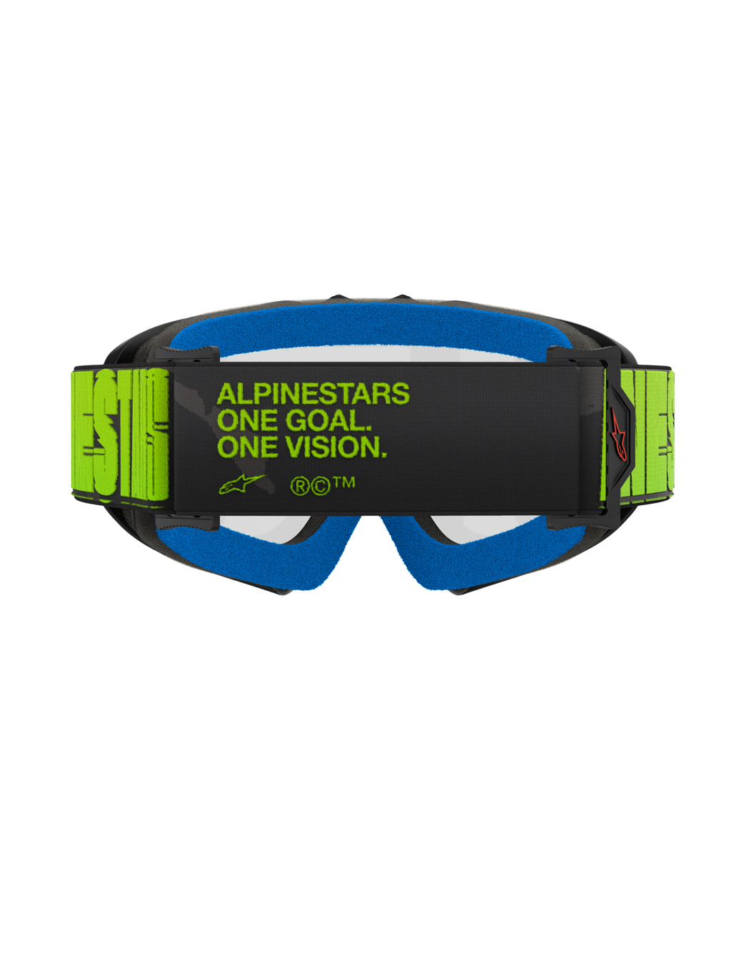 Alpinestars Vision Youth Hollow Goggles, motorcrossbril, antraciet en fluogeel, achteraanzicht met de 'ALPINESTARS ONE GOAL. ONE VISION.' slogan op de band, helderblauw gezichtsschuim, motorcrossbril voor de jeugd