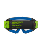 Alpinestars Vision Youth Hollow Goggles, motorcrossbril, antraciet en fluogeel, achteraanzicht met de 'ALPINESTARS ONE GOAL. ONE VISION.' slogan op de band, helderblauw gezichtsschuim, motorcrossbril voor de jeugd