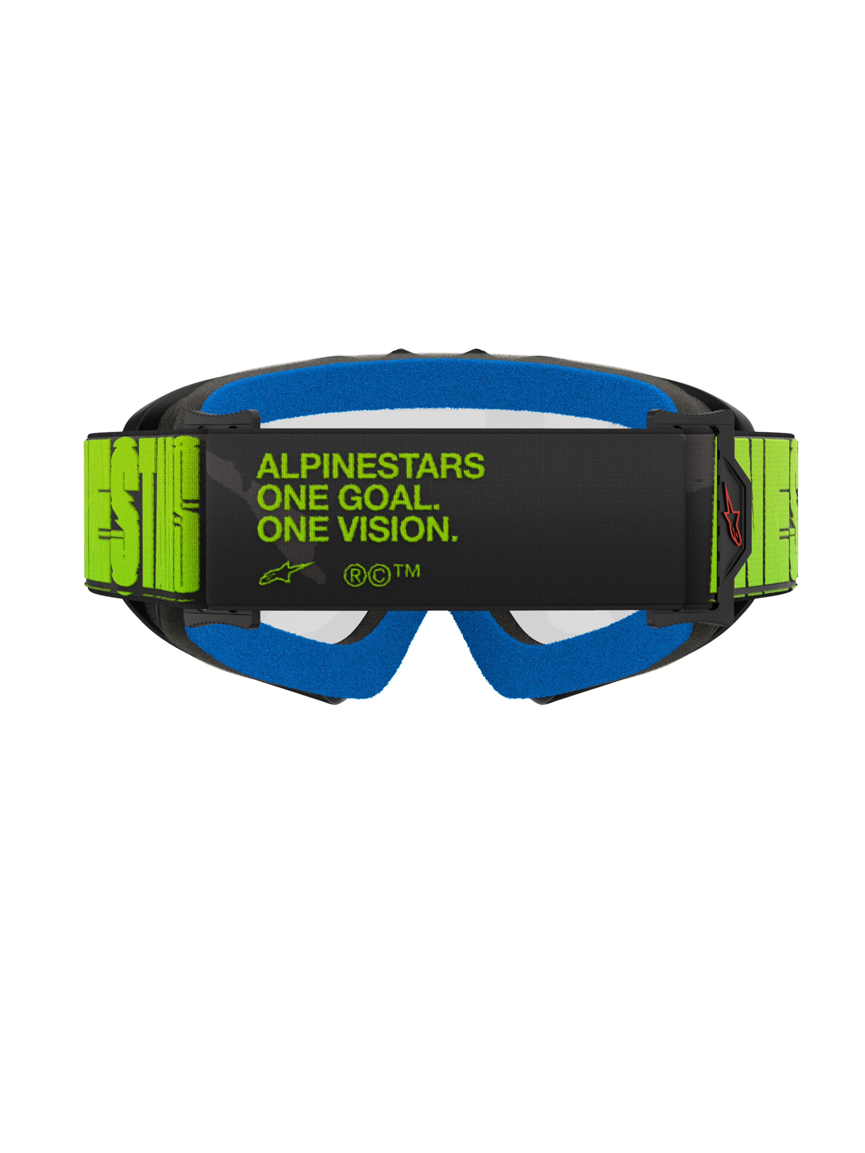 Alpinestars Vision Youth Hollow Goggles, motorcrossbril, antraciet en fluogeel, achteraanzicht met de 'ALPINESTARS ONE GOAL. ONE VISION.' slogan op de band, helderblauw gezichtsschuim, motorcrossbril voor de jeugd