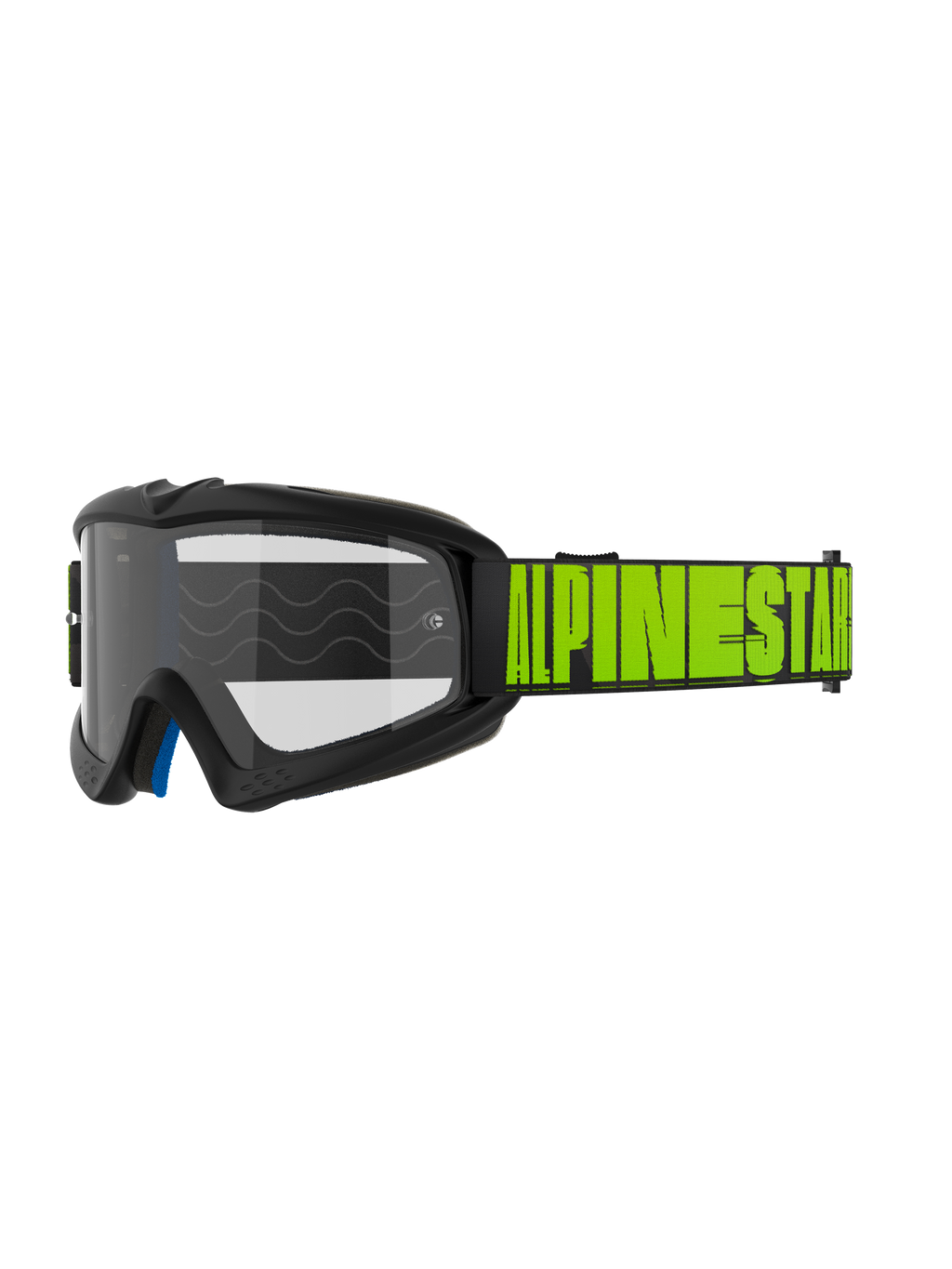 Alpinestars Vision Youth Hollow and Vision 5 Hollow Goggles, Motocross Off-road Goggles, Charcoal gray frame with fluo yellow Alpinestars branding on black strap, clear lens, blue interior foam layer, modern streamlined design for youth and adult riders
