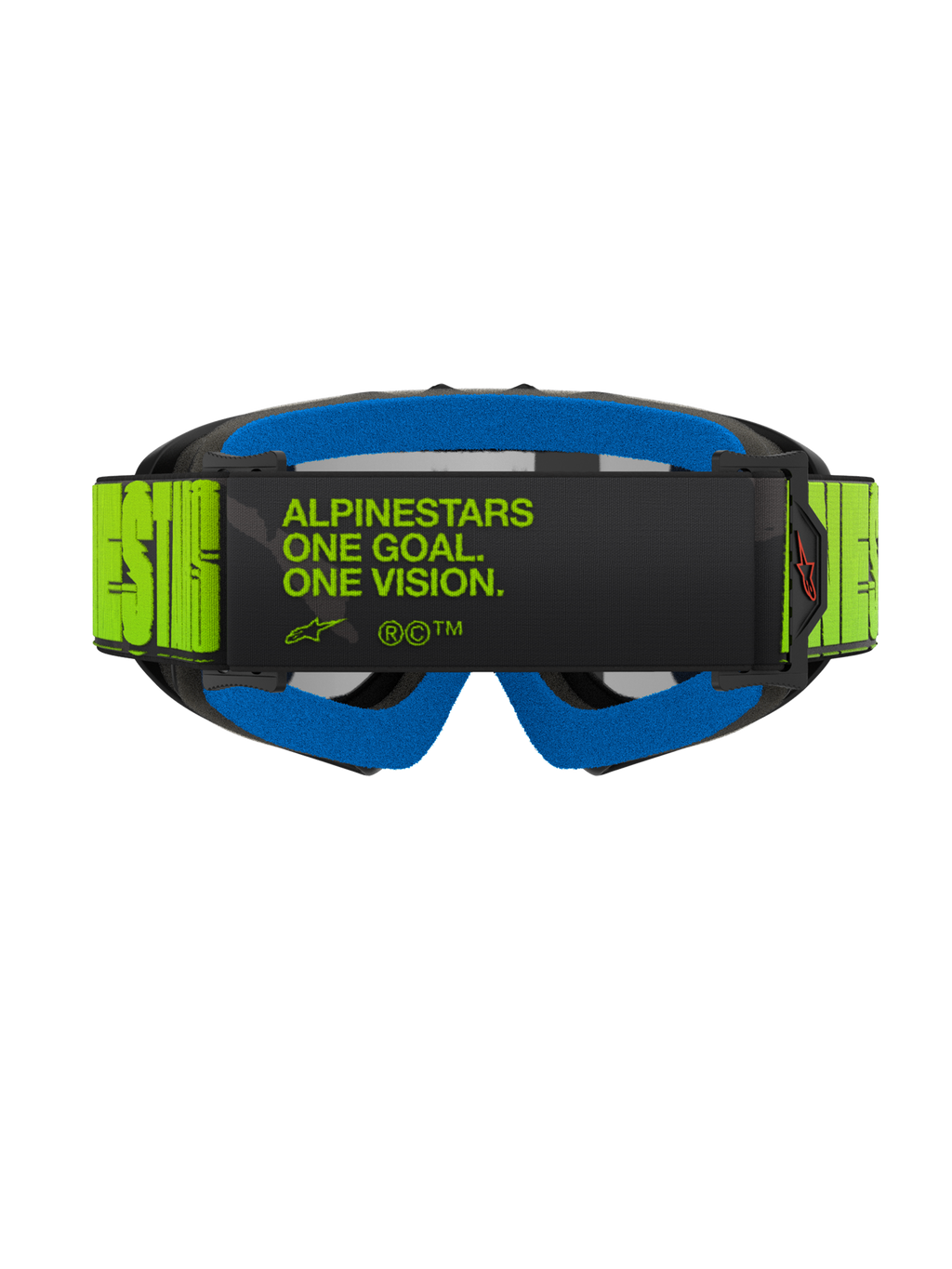 Alpinestars Vision Youth Hollow Goggles, achteraanzicht met een fluorescerende gele band met zwarte 'One Goal. One Vision.' tekst, blauw gezichtsschuim en antraciet frame, professionele motorcrossbril voor de jeugd
