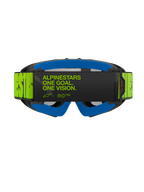 Alpinestars Vision Youth Hollow Goggles, achteraanzicht met een fluorescerende gele band met zwarte 'One Goal. One Vision.' tekst, blauw gezichtsschuim en antraciet frame, professionele motorcrossbril voor de jeugd