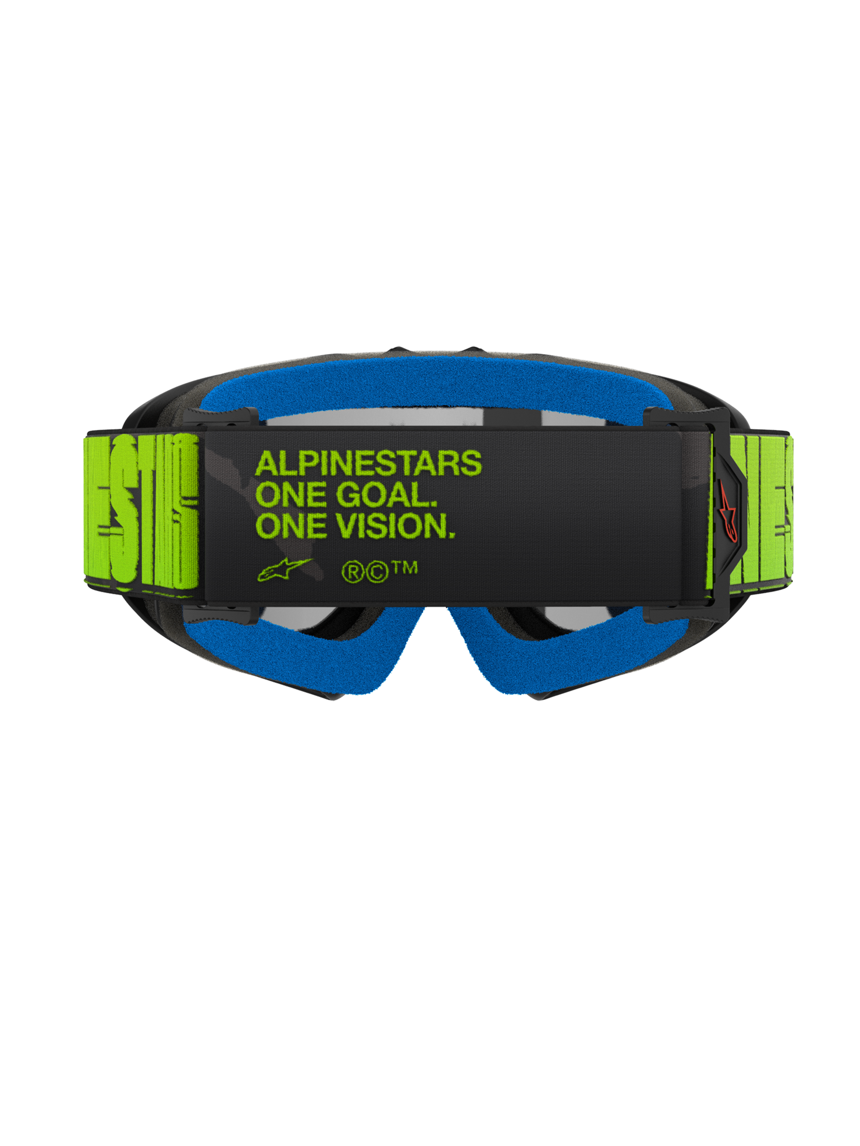 Alpinestars Vision Youth Hollow Goggles, achteraanzicht met een fluorescerende gele band met zwarte 'One Goal. One Vision.' tekst, blauw gezichtsschuim en antraciet frame, professionele motorcrossbril voor de jeugd