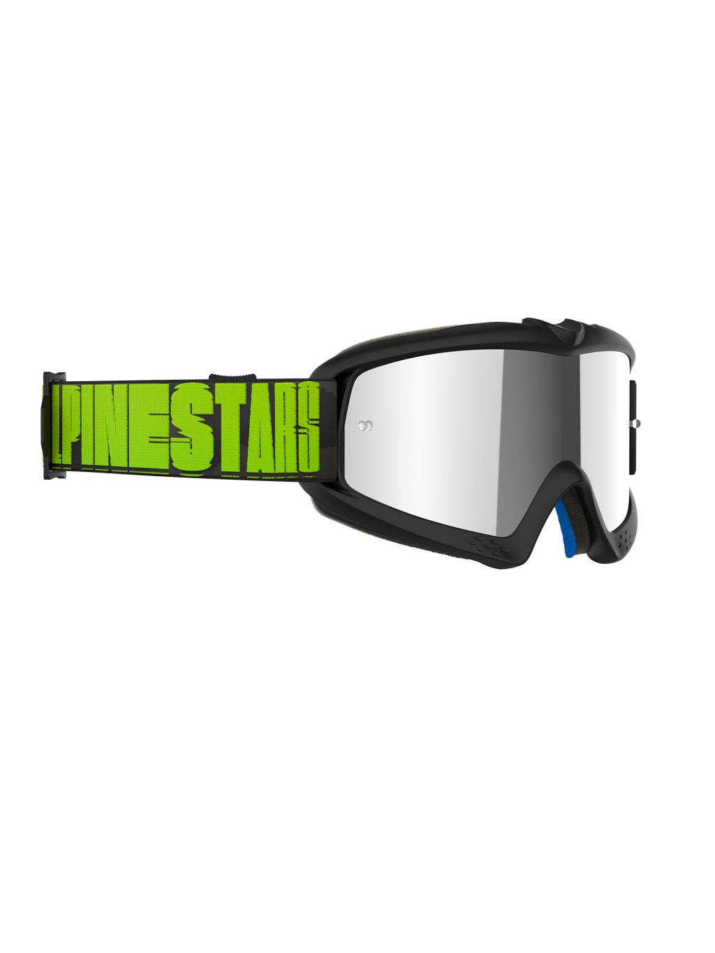 Alpinestars Vision Youth Hollow Goggles, jeugd motorcrossbril, antracietgrijs frame met een zilveren spiegellens, fluorgele en zwarte band met opvallende Alpinestars-branding, professionele oogbescherming voor off-road racing