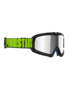 Alpinestars Vision Youth Hollow Goggles, jeugd motorcrossbril, antracietgrijs frame met een zilveren spiegellens, fluorgele en zwarte band met opvallende Alpinestars-branding, professionele oogbescherming voor off-road racing