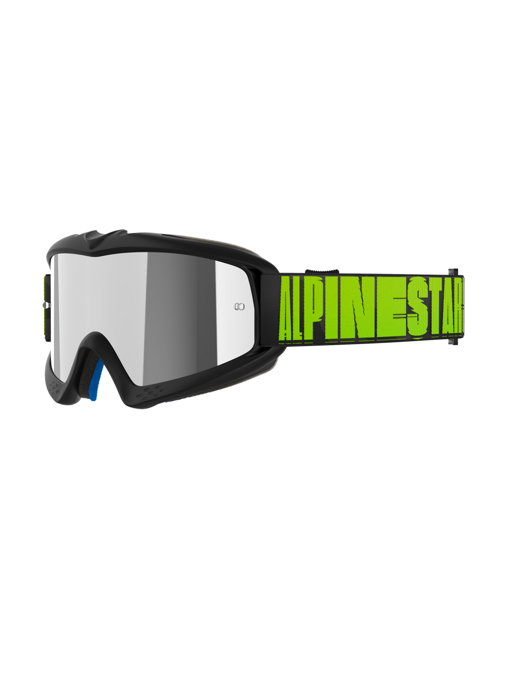 Alpinestars Vision Youth Hollow Goggles, jeugd motorcrossbril, antraciet en fluogeel, zilveren spiegelende lens, zwarte band met opvallend neongeel Alpinestars-logo, blauwe binnenvoering, speciale pasvorm voor jonge rijders