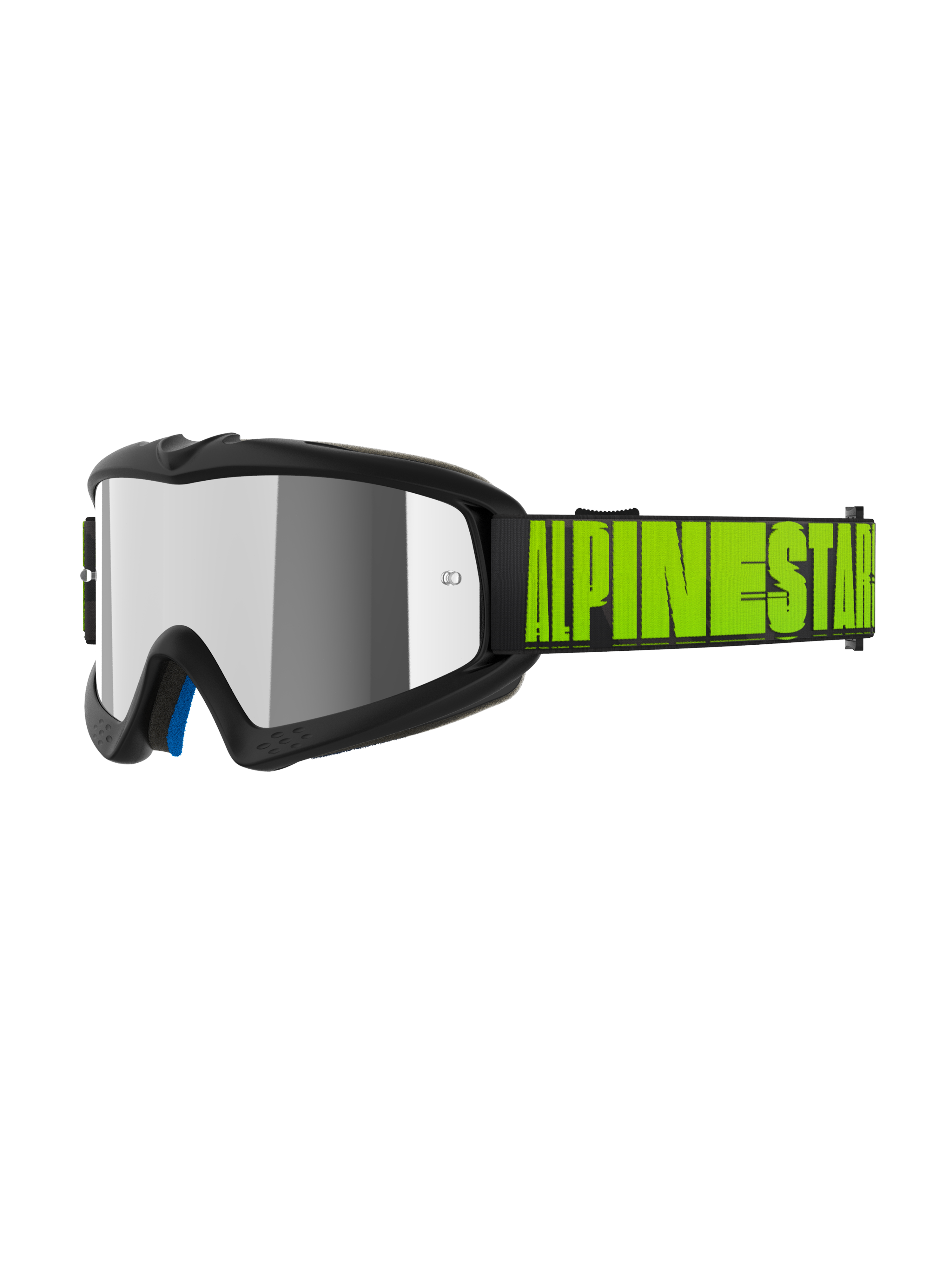 Alpinestars Vision Youth Hollow Goggles, jeugd motorcrossbril, antraciet en fluogeel, zilveren spiegelende lens, zwarte band met opvallend neongeel Alpinestars-logo, blauwe binnenvoering, speciale pasvorm voor jonge rijders