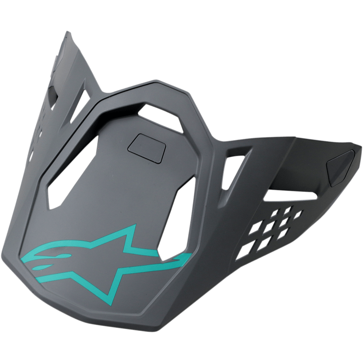Alpinestars S-M8 helmvizier, Radium Blue Gray Green, donkergrijze vervangende klep met blauwgroen Alpinestars sterlogo, voorzien van geometrische uitsnijdingen en een hoekig mat ontwerp voor motorcrosshelmen