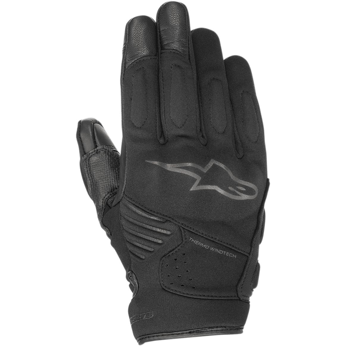 Alpinestars Faster handschoenen, zwarte motorhandschoenen, met het Alpinestars sterlogo en Thermo Windtech-branding, versterkte knokkel- en vingerpadding, multi-materiaal ontwerp voor stedelijk rijden