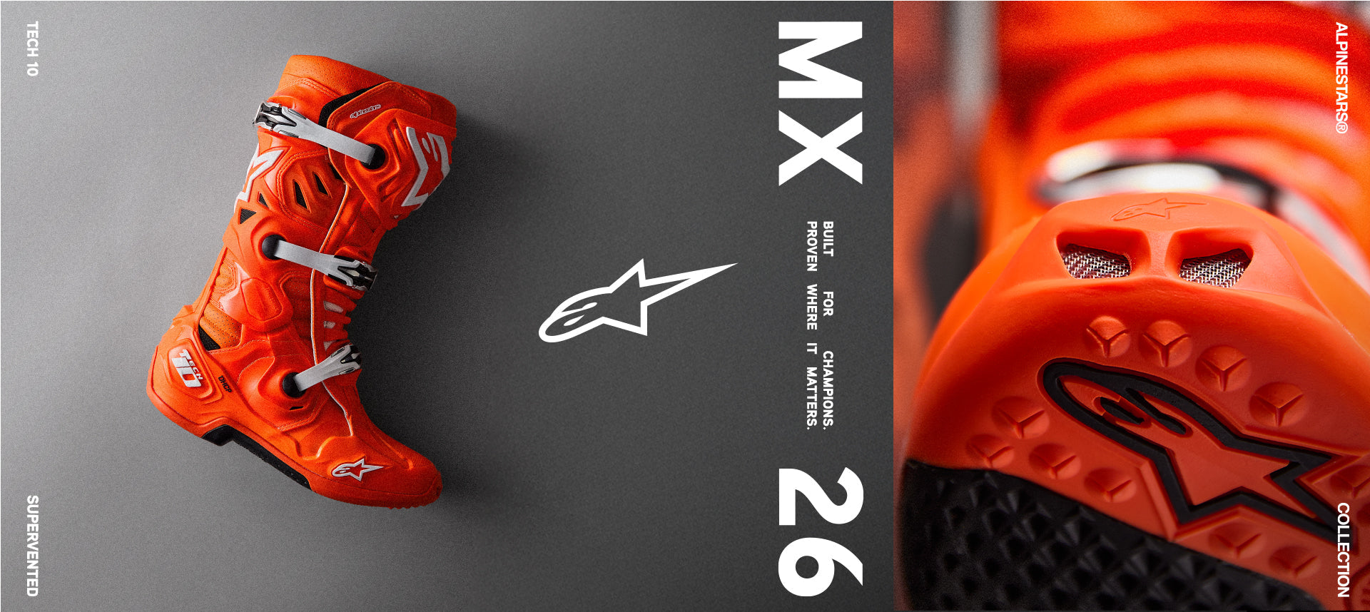 Alpinestars Tech 10 Supervented motocross boots in bright orange and white, featuring advanced ventilation for MX racing.