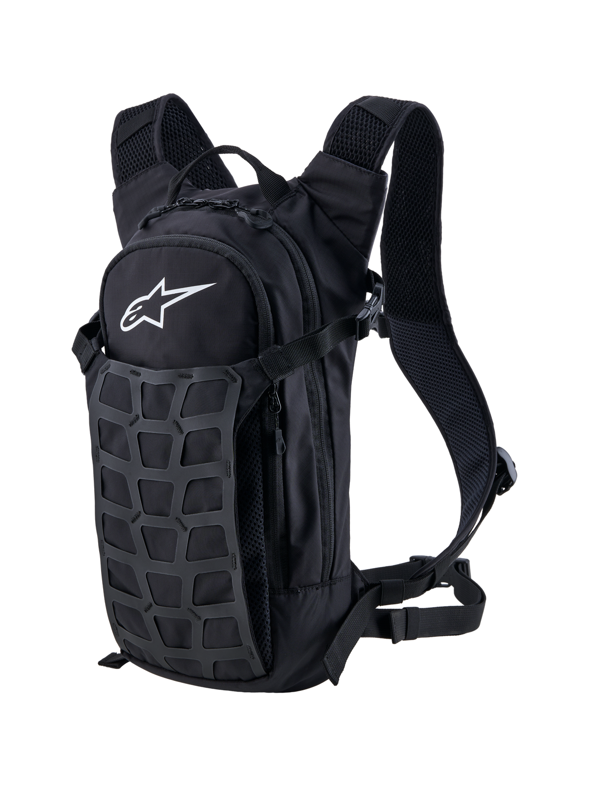 Alpinestars AT-9 rugzak, voor motocross en dagelijks gebruik, zwart en diepgrijs, duurzaam textiel met gewatteerde schouderbanden en utility-grid aan de voorzijde, voorzien van wit Alpinestars-logo