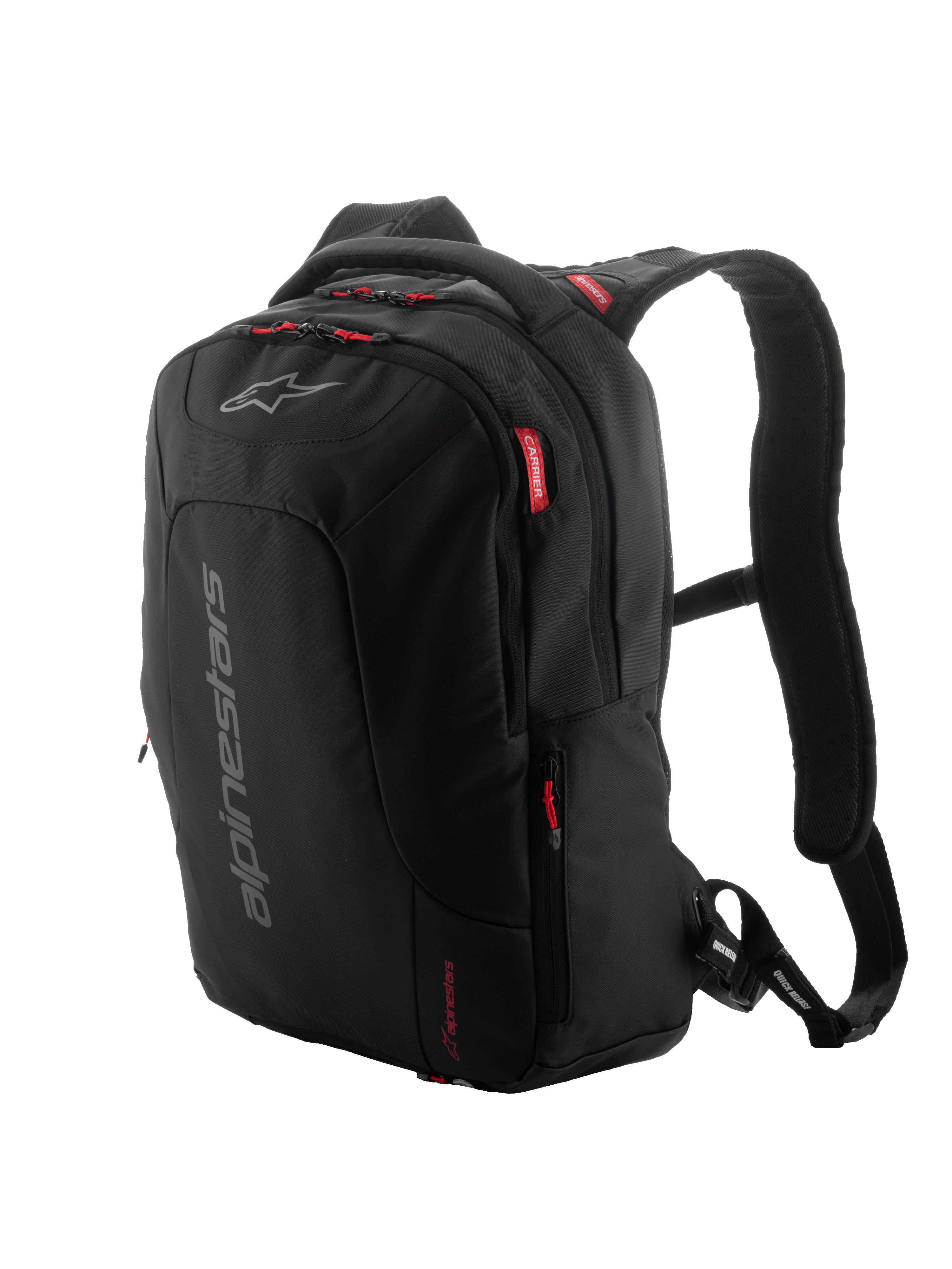 Alpinestars City Hunter V2 rugzak, urban motorrugzak, zwart met rode ritstrekkers en accenten, grijze verticale branding, gevoerde mesh schouderbanden, strak toelopend ontwerp voor stabiliteit tijdens het rijden