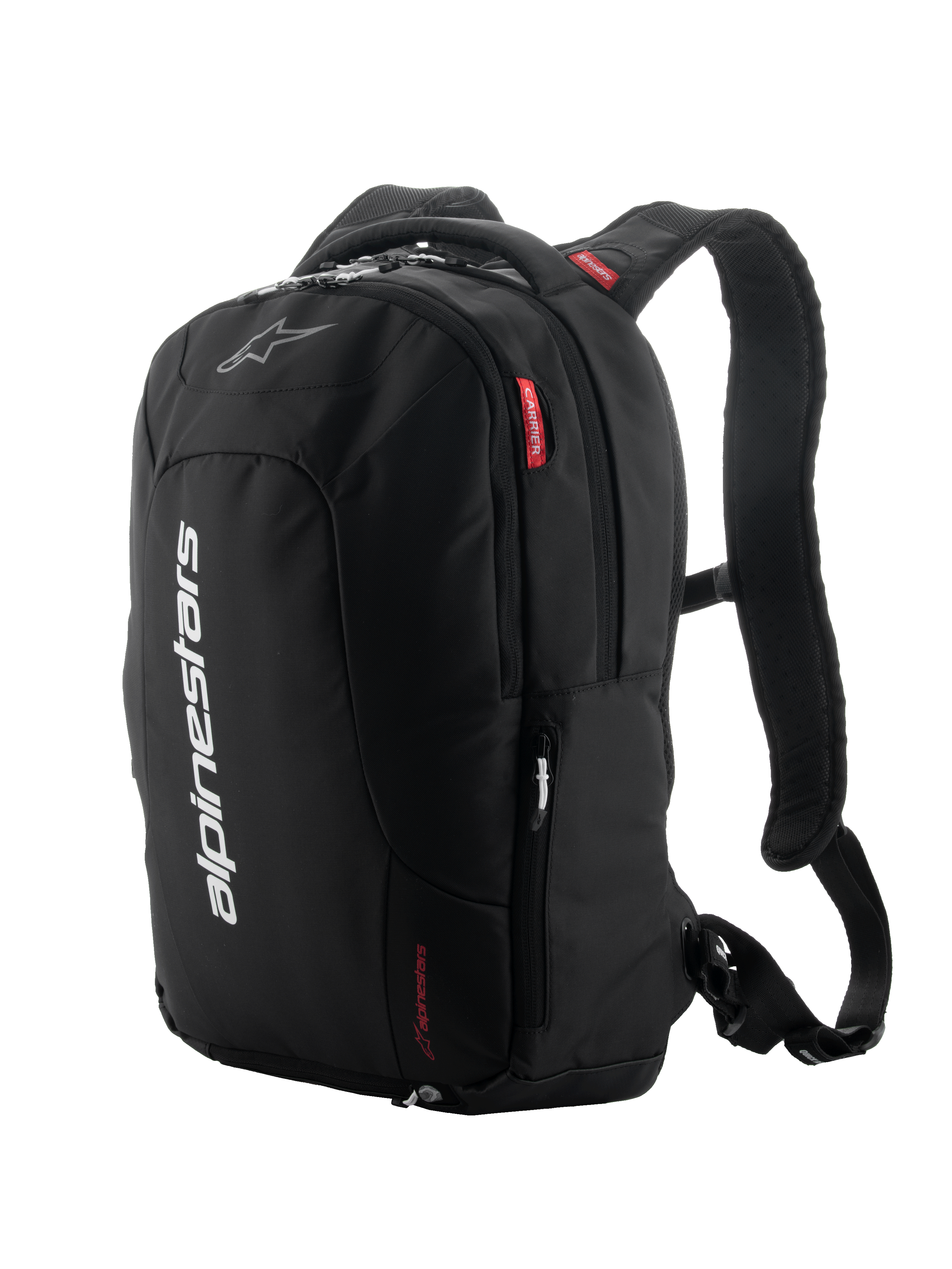 Alpinestars City Hunter V2 rugzak, zwart met witte en rode accenten, urban motorrugzak, voorzien van gevoerde mesh schouderbanden, meerdere vakken met ritssluiting, verticale witte branding en rode logodetails, ergonomisch ontwerp voor rijders