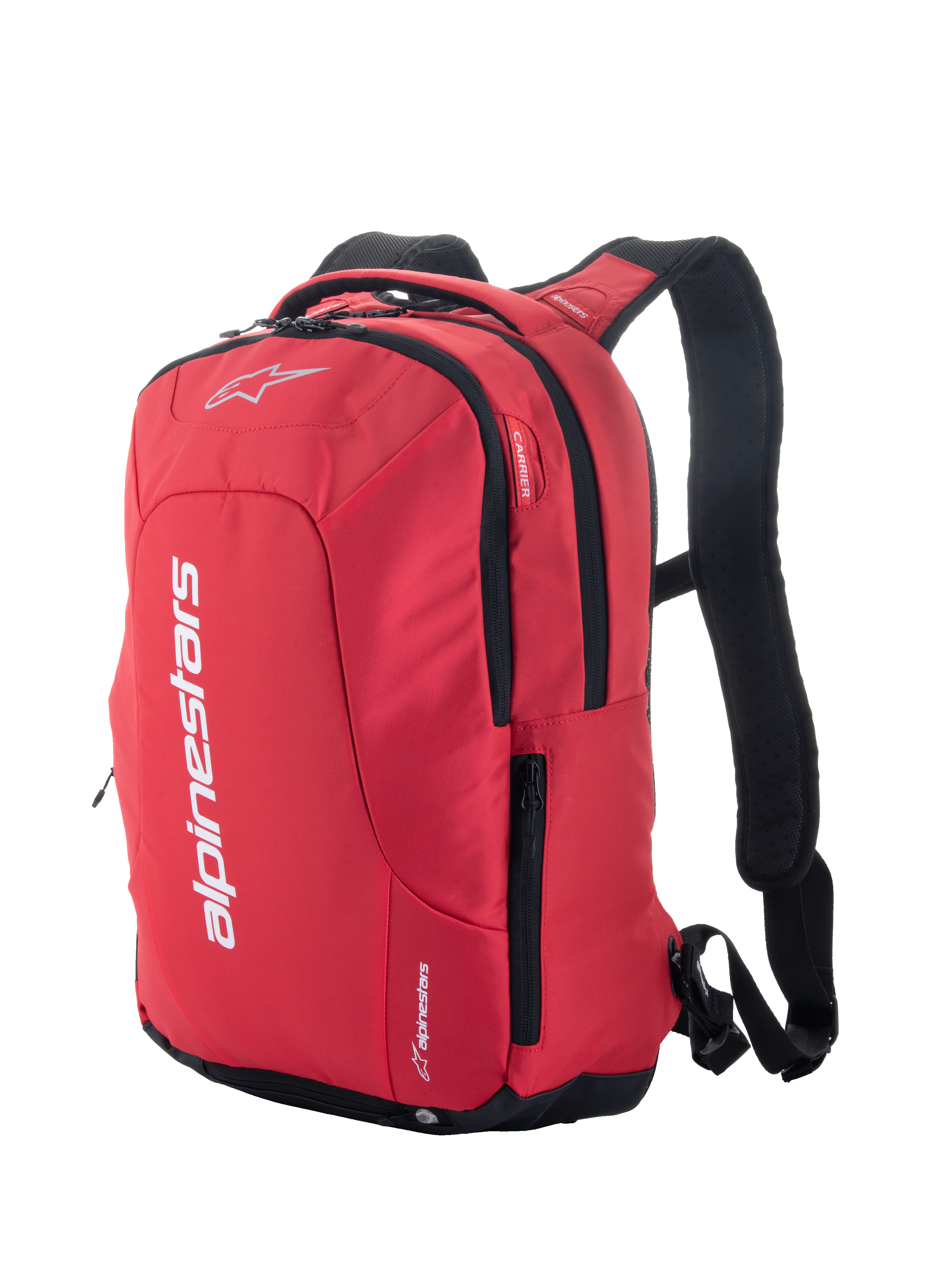 Alpinestars City Hunter V2 rugzak, rood en zwart, urban motorrugzak met opvallende witte branding, zijvakken met rits, gevoerde mesh schouderbanden en een gestroomlijnd ontwerp voor motorrijders