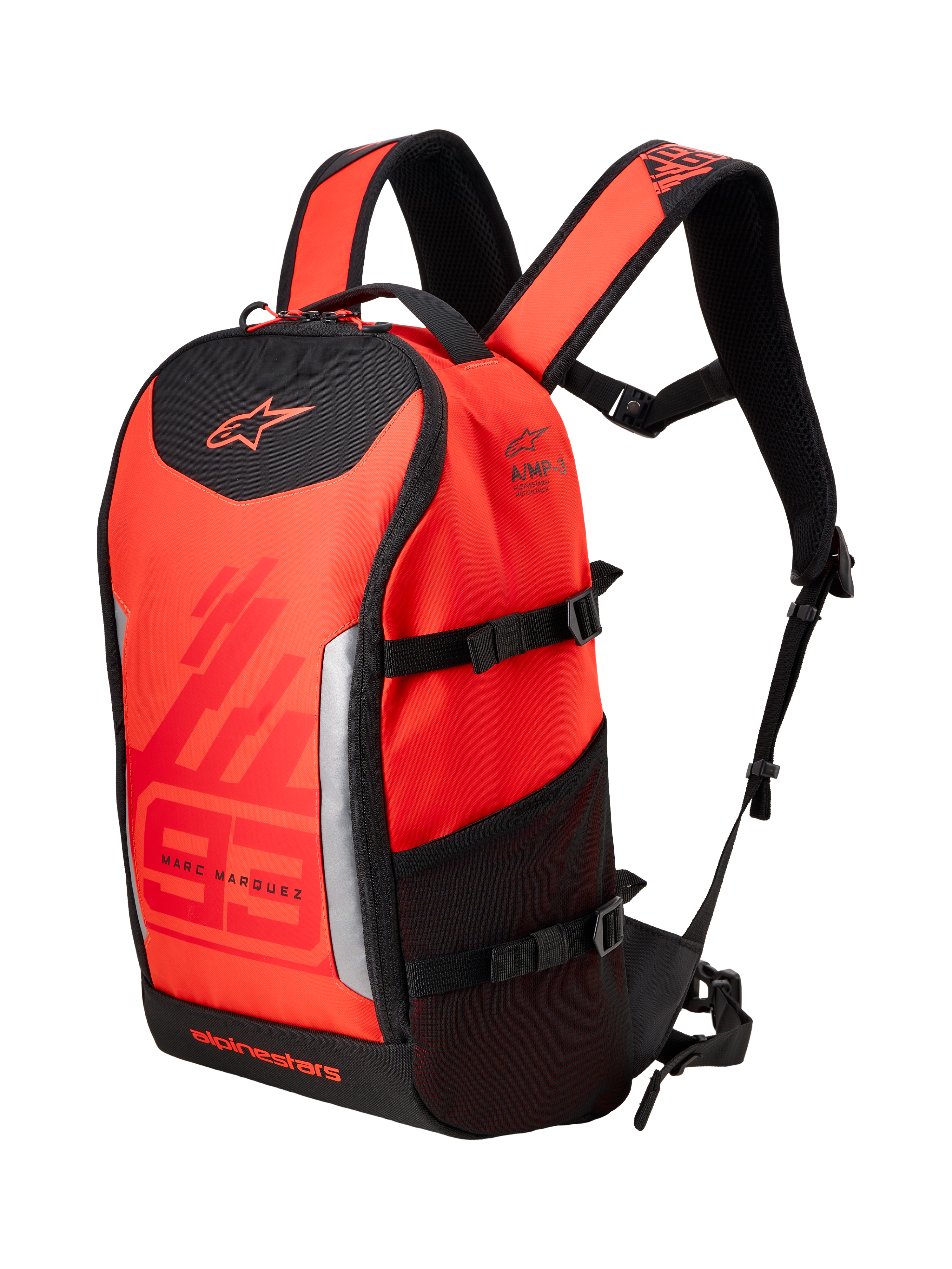 Alpinestars MM93 AMP3 rugzak, technische motorrugzak, Red Fluo en Bright Red met zwarte accenten, voorzien van Marc Marquez 93 branding en Alpinestars-logo's, verstelbare schouderbanden, zijvak van mesh en gestructureerd textielontwerp.