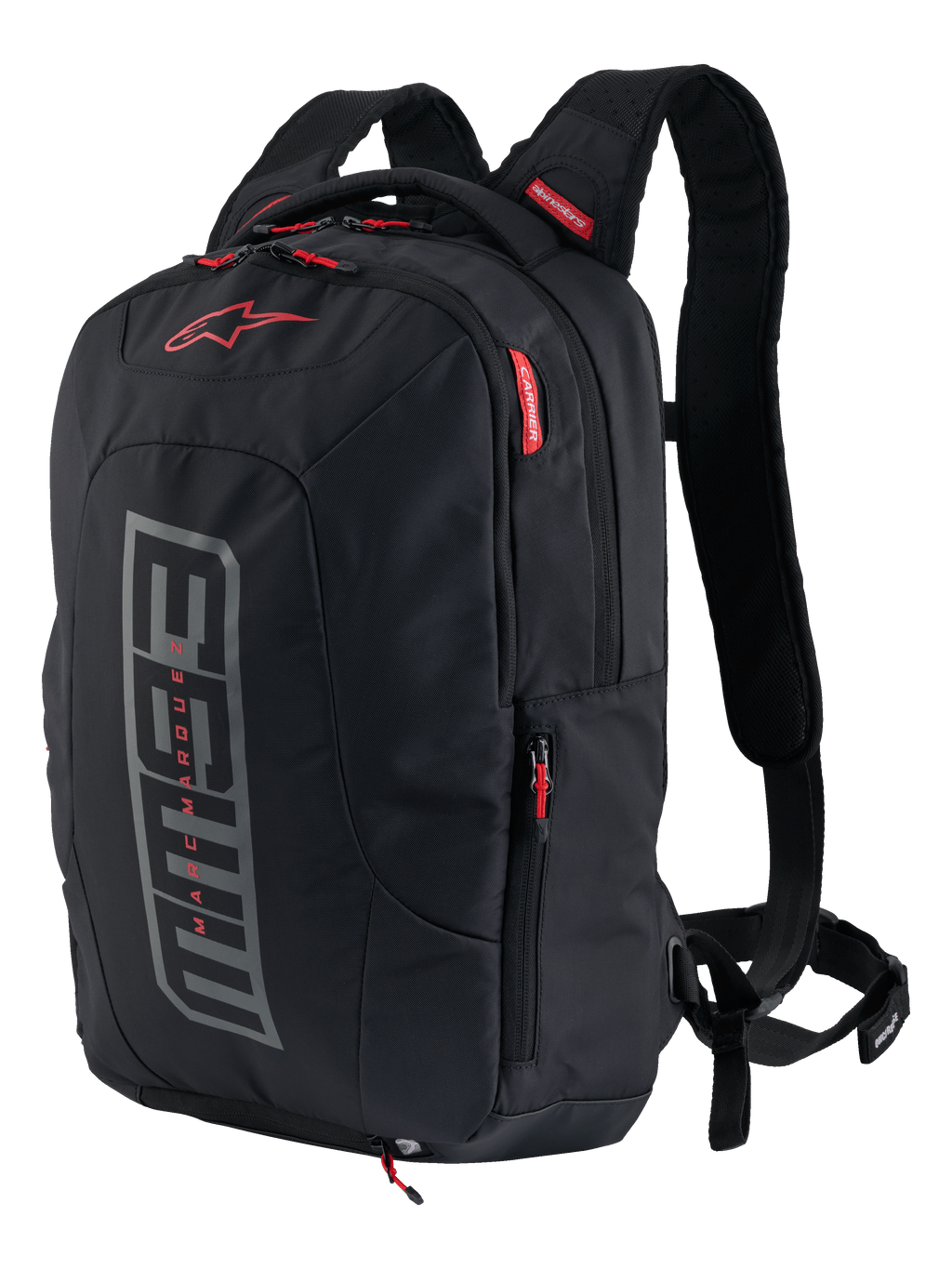 Alpinestars MM93 City Hunter V2 rugzak, motorrugzak, zwart met grijze MM93 graphic en rode accenten, Marc Marquez signature collectie, met gewatteerde schouderbanden en zijvakken, duurzaam stedelijk ontwerp
