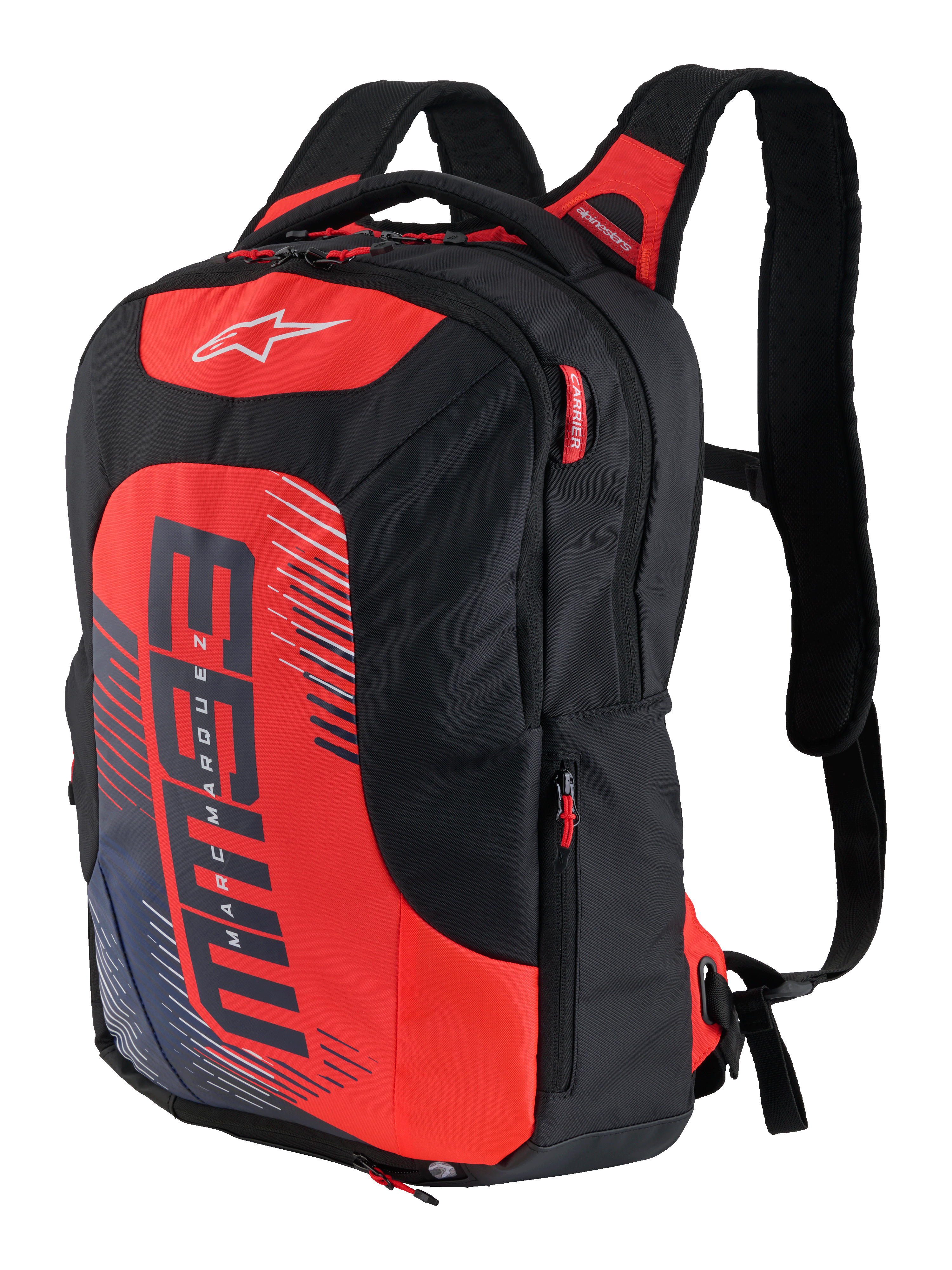 Alpinestars MM93 City Hunter V2 rugzak, zwart en rood, sportieve motorrugzak met ergonomische gevoerde schouderbanden, meerdere compartimenten met rode ritstrekkers, opvallend rood voorpaneel met MM93-logo en Marc Marquez grafische elementen, duurzame polystof, strak gestroomlijnd ontwerp