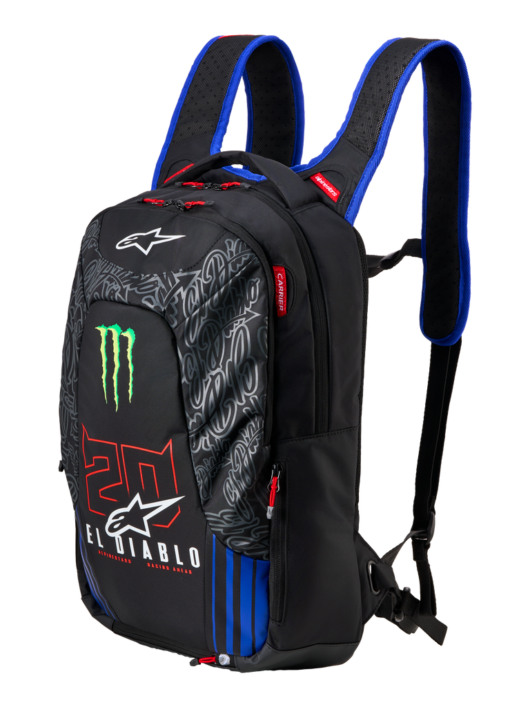 Alpinestars FQ20 City Hunter V2 Monster rugzak, zwarte motorrugzak met blauwe schouderbanden, voorzien van groen Monster Energy klauwlogo, rode '20' en witte 'El Diablo' branding, technische stedelijke rijuitrusting met taps toelopend profiel.