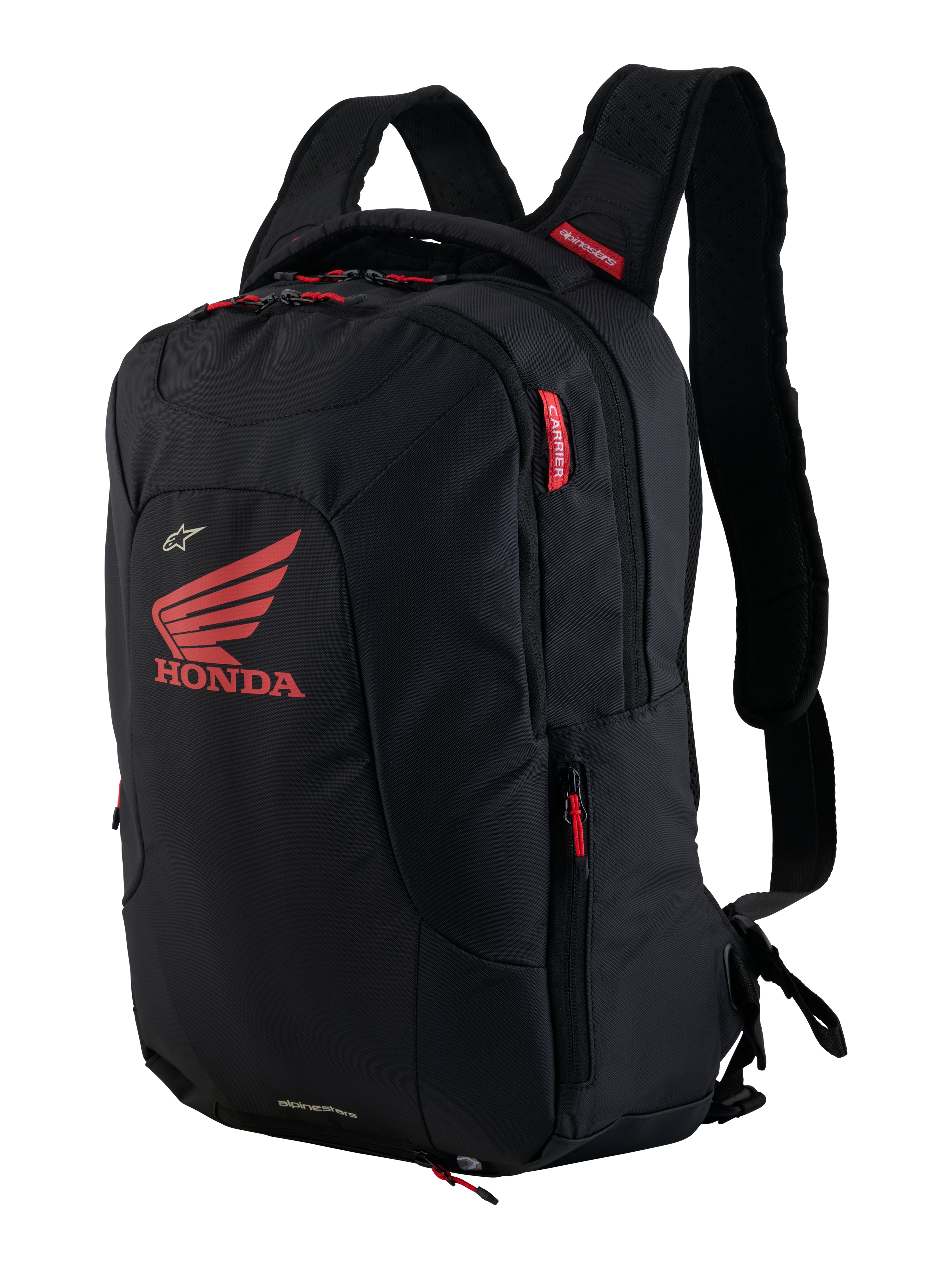 Honda City Hunter V2 rugzak, urban motorrugzak, zwart en felrood, voorzien van een groot rood Honda-vleugellogo en Alpinestars-branding, meerdere ritscompartimenten met rode trekkers, ergonomisch ontwerp met gewatteerde 3D mesh-schouderbanden.