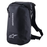 Alpinestars Sealed Sport Pack, Waterproof Motorcycle Backpack, Black, featuring white Astar logo and vertical Alpinestars text, roll-top closure, adjustable shoulder straps with mesh padding, 23-liter capacity design