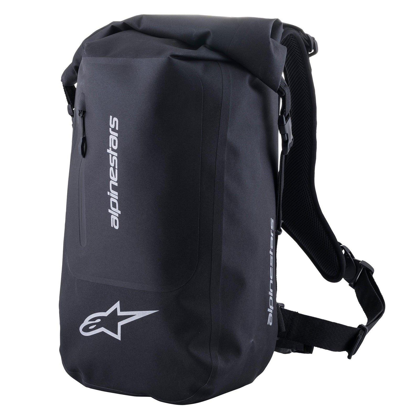 Alpinestars Sealed Sport Pack, Waterproof Motorcycle Backpack, Black, featuring white Astar logo and vertical Alpinestars text, roll-top closure, adjustable shoulder straps with mesh padding, 23-liter capacity design