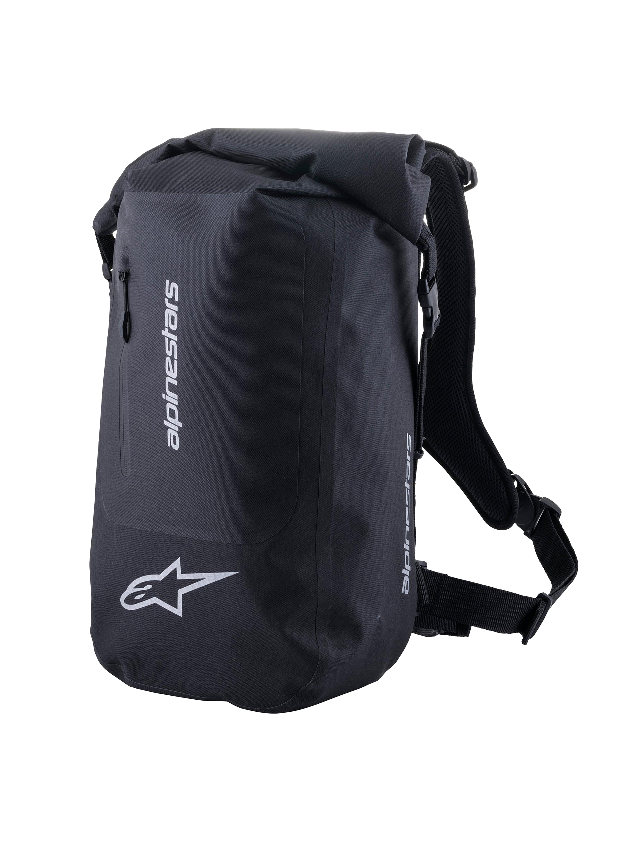 Alpinestars Sealed Sporttas, zwarte waterdichte motorrugzak, 23 liter, met rolsluiting en reflecterende logo's.