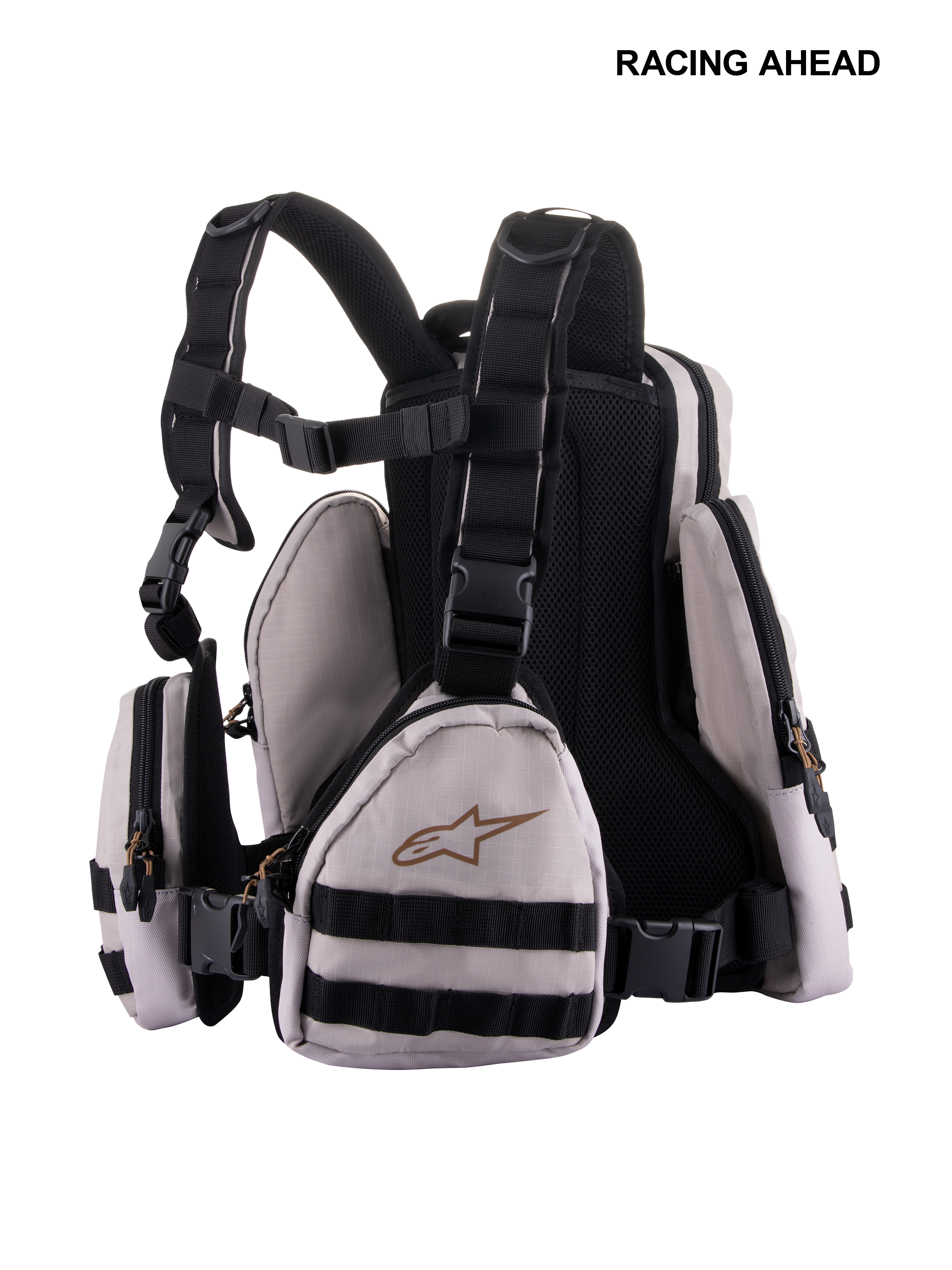 Alpinestars Techdura Tactical Pack, Modular Off-Road Backpack, Warm Gray and Black, featuring detachable front pouches, MOLLE webbing, 3D mesh back panel, and adjustable straps with plastic buckles, technical gear for enduro and trail riding