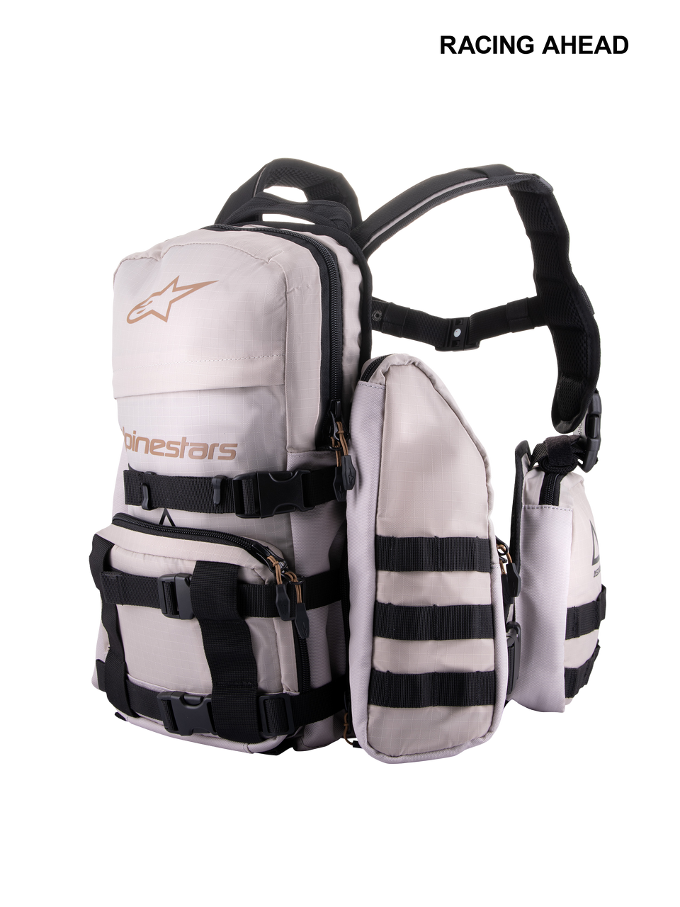 Alpinestars Techdura Tactical Pack, off-road en enduro rugzak, warm grijs en zwart, modulair ontwerp met afneembare zakken, voorzien van MOLLE-webbing en verstelbare zwarte banden, duurzame constructie voor het meenemen van trailbenodigdheden