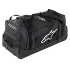 Alpinestars Komodo Reistas, grote reistas voor uitrusting, zwart met witte Alpinestars-logo's, voorzien van stevige wielen, versterkte handgrepen en meerdere compartimenten met ritssluiting voor het georganiseerd opbergen van race-uitrusting