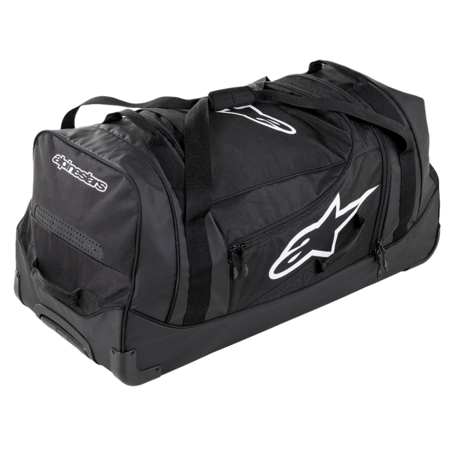 Alpinestars Komodo Reistas, grote reistas voor uitrusting, zwart met witte Alpinestars-logo's, voorzien van stevige wielen, versterkte handgrepen en meerdere compartimenten met ritssluiting voor het georganiseerd opbergen van race-uitrusting