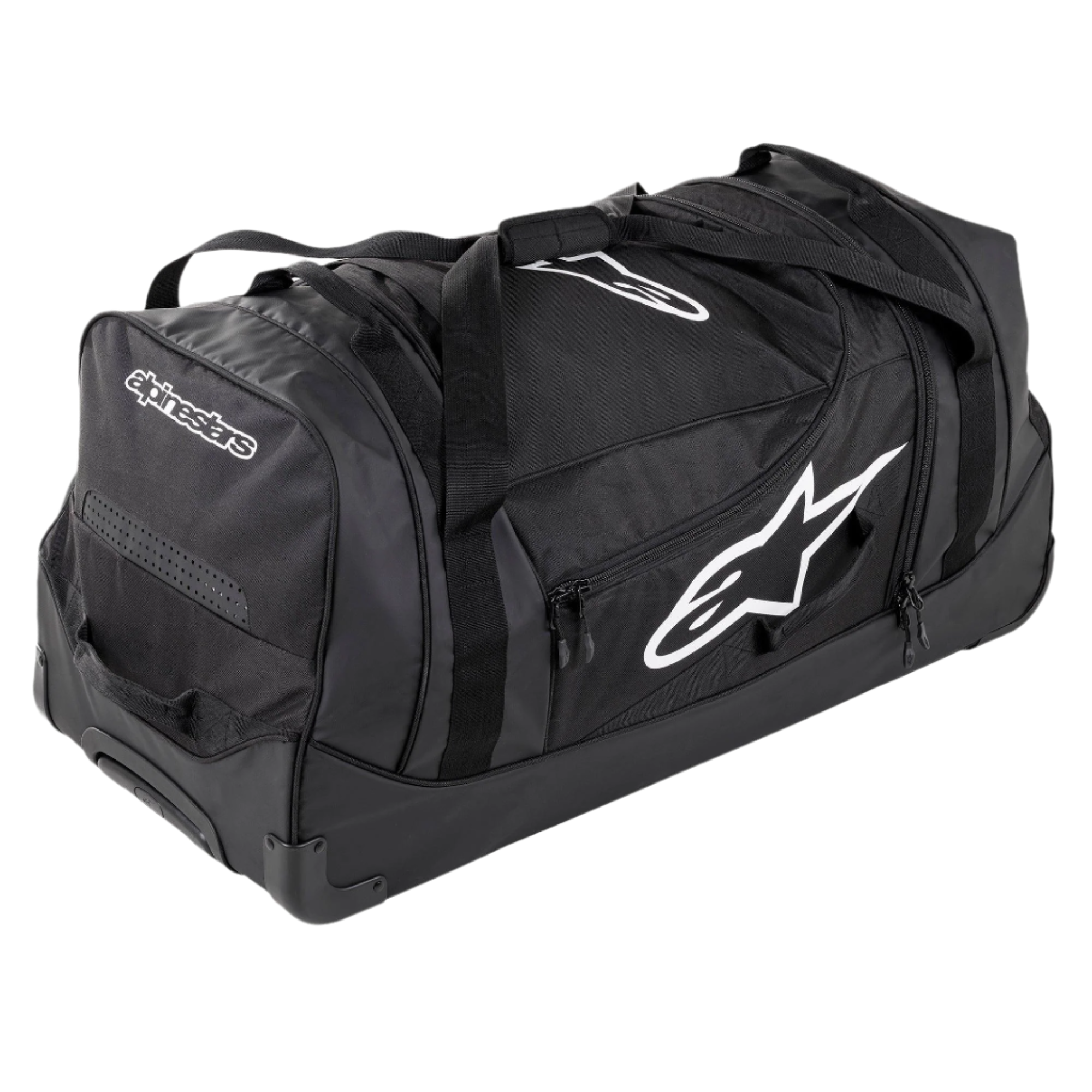Alpinestars Komodo Reistas, grote reistas voor uitrusting, zwart met witte Alpinestars-logo's, voorzien van stevige wielen, versterkte handgrepen en meerdere compartimenten met ritssluiting voor het georganiseerd opbergen van race-uitrusting