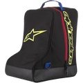Alpinestars Boot Bag, zwart en geel, opbergtas voor motorcrossuitrusting, rode rits en blauwe handgreep, met groot geel sterlogo en Alpinestars-branding, duurzame basis van zeildoek, gespecialiseerde bagage voor off-road racelaarzen
