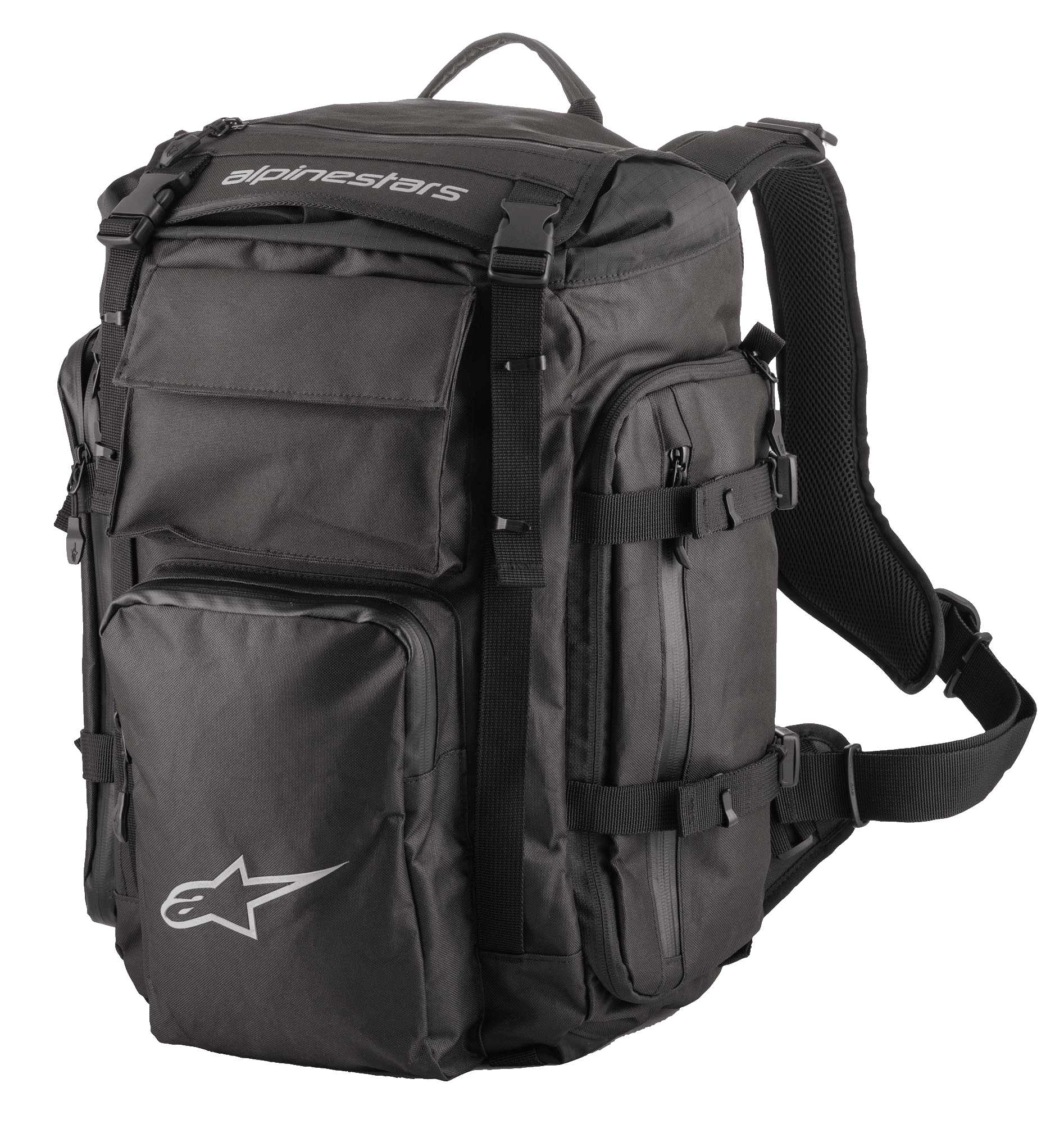 Alpinestars Rover Overland rugzak, adventure touring rugzak, zwart, witte Alpinestars-branding, meerdere vakken met ritssluiting en compressieriemen, gewatteerde mesh schouderbanden en ergonomisch harnas, duurzaam textielontwerp voor motorreizen over lange afstanden