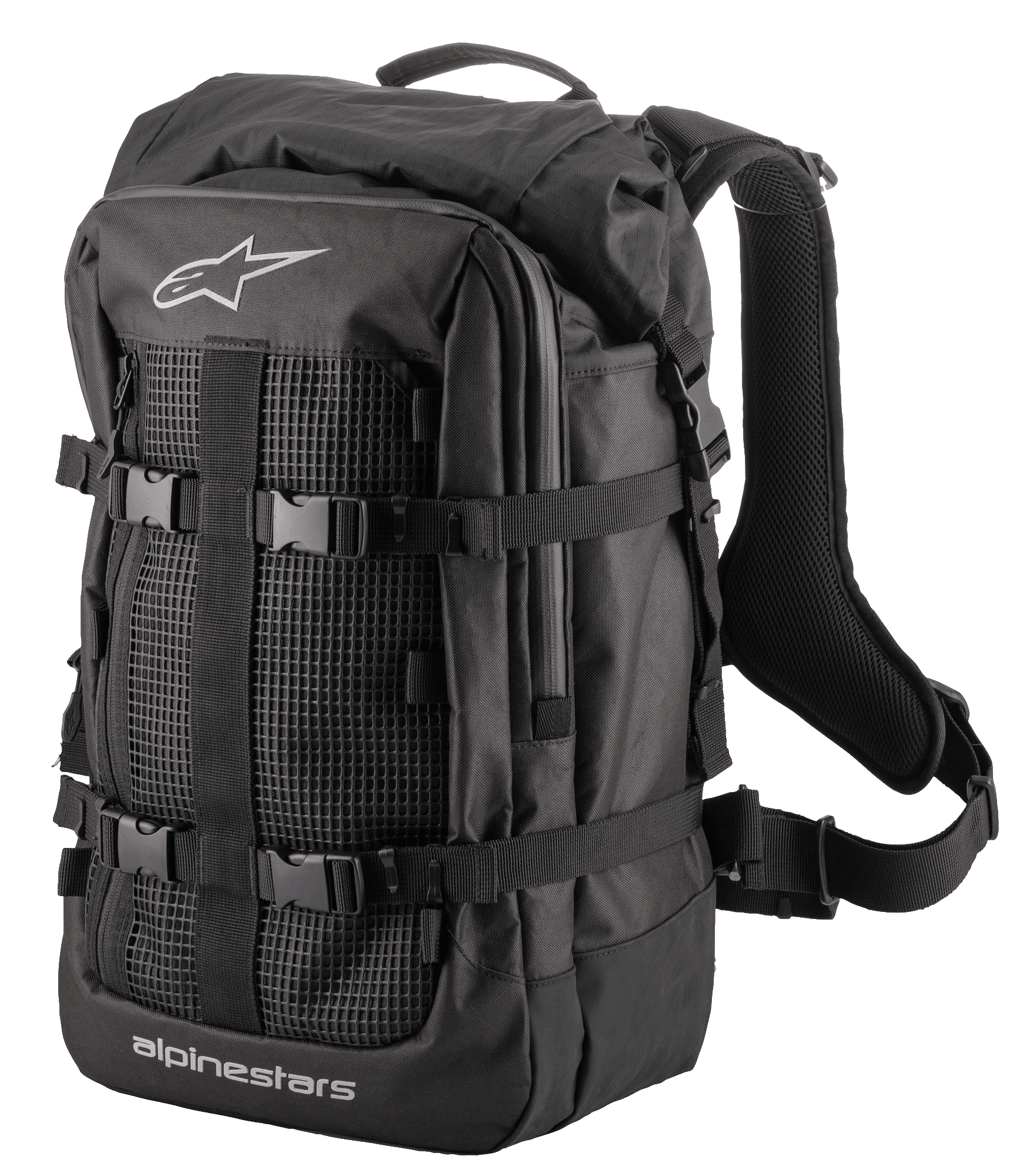 Alpinestars Rover Multi Backpack, adventure touring rugzak, zwart, met gaas voorpaneel, verstelbare compressieriemen met gespen, gewatteerde ergonomische schouderbanden en robuuste textielconstructie voor woon-werkverkeer en adventure rijden