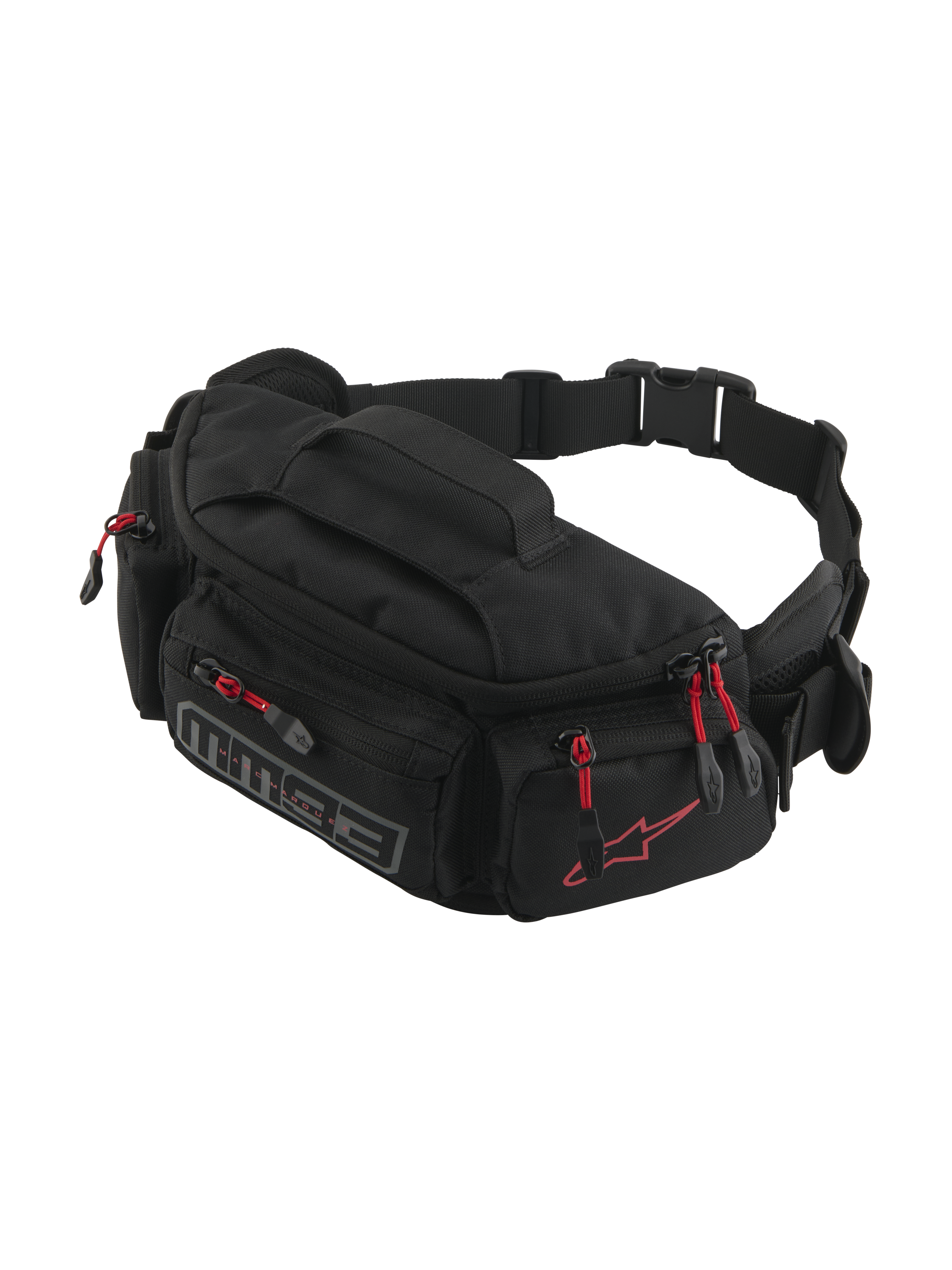 Alpinestars MM93 heuptas, motorheuptas, zwart met rode ritstrekkers, meerdere vakken met ritssluiting, verstelbare riem met gesp, voorzien van rood Alpinestars-logo en grijze MM93-branding, duurzaam waterbestendig textiel