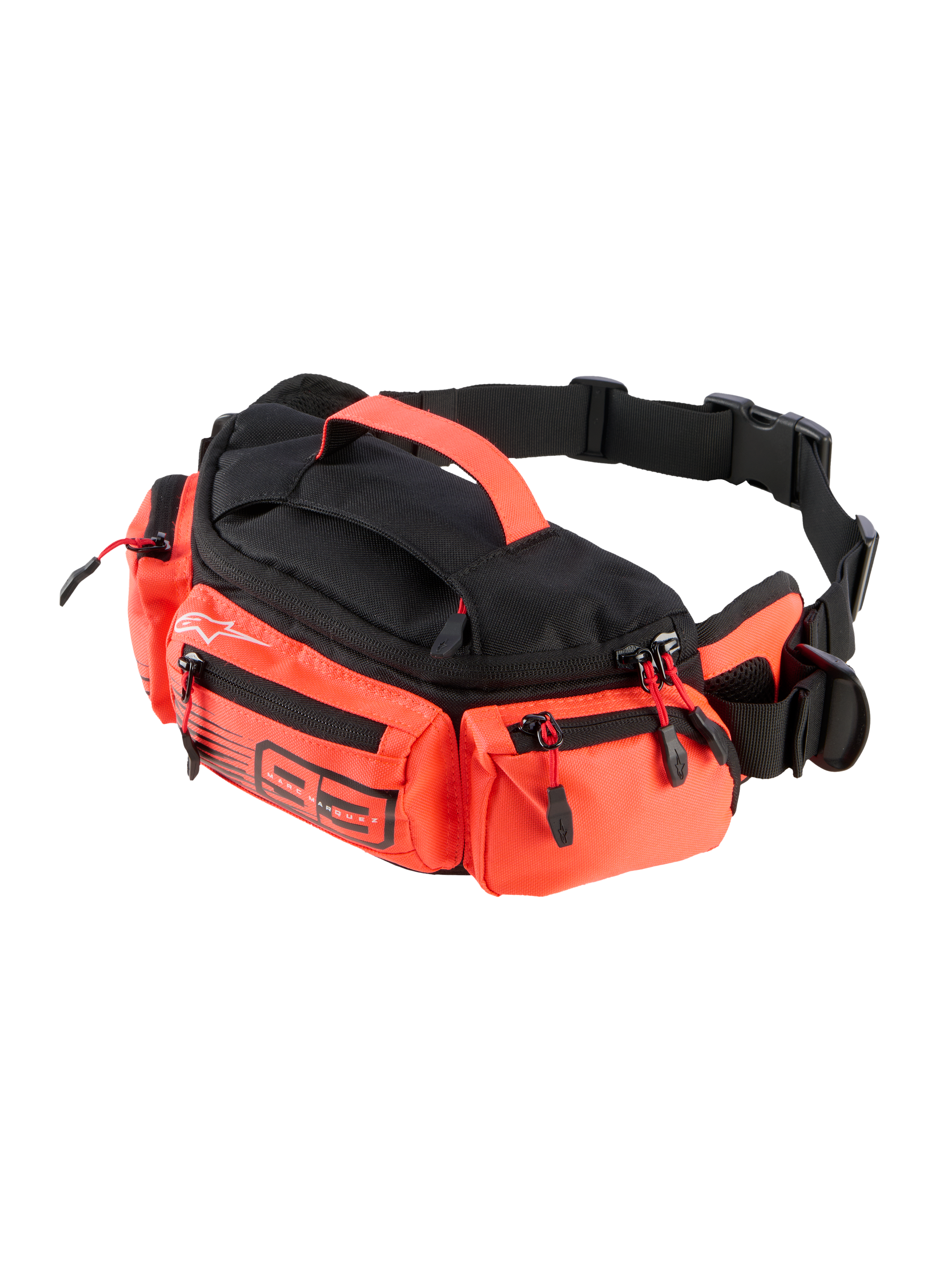 Alpinestars MM93 heuptas, praktische motor heuptas, zwart en fluorood, meerdere ritsvakken, handgreep bovenop en verstelbare zwarte riem, Marc Marquez 93 branding, duurzame waterbestendige constructie