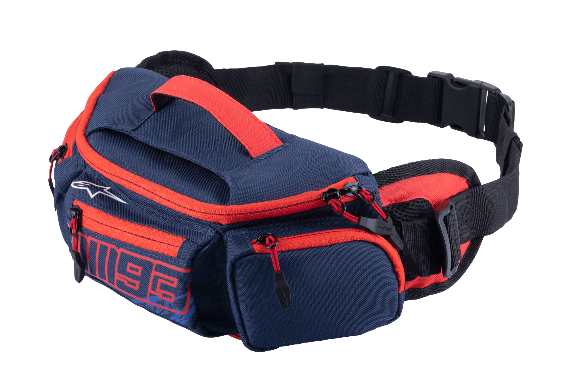 Alpinestars MM93 Waist Bag, heuptas in Night Navy met Bright Red accenten, MM93-logo op de voorzijde, voorzien van meerdere ritsvakken en een verstelbare zwarte riem