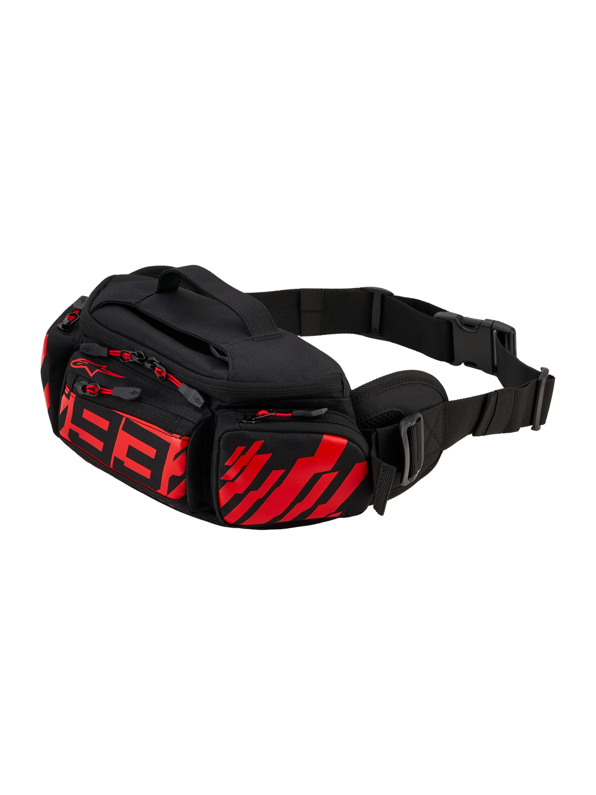 Alpinestars MM93 Waist Bag, motorheuptas, zwart met fluorood en helderrood, voorzien van een gestileerd rood 93-logo op de voorkant, meerdere opbergvakken met ritssluiting en rode trekkers, verstelbare zwarte heupband met gesp, duurzame textielconstructie