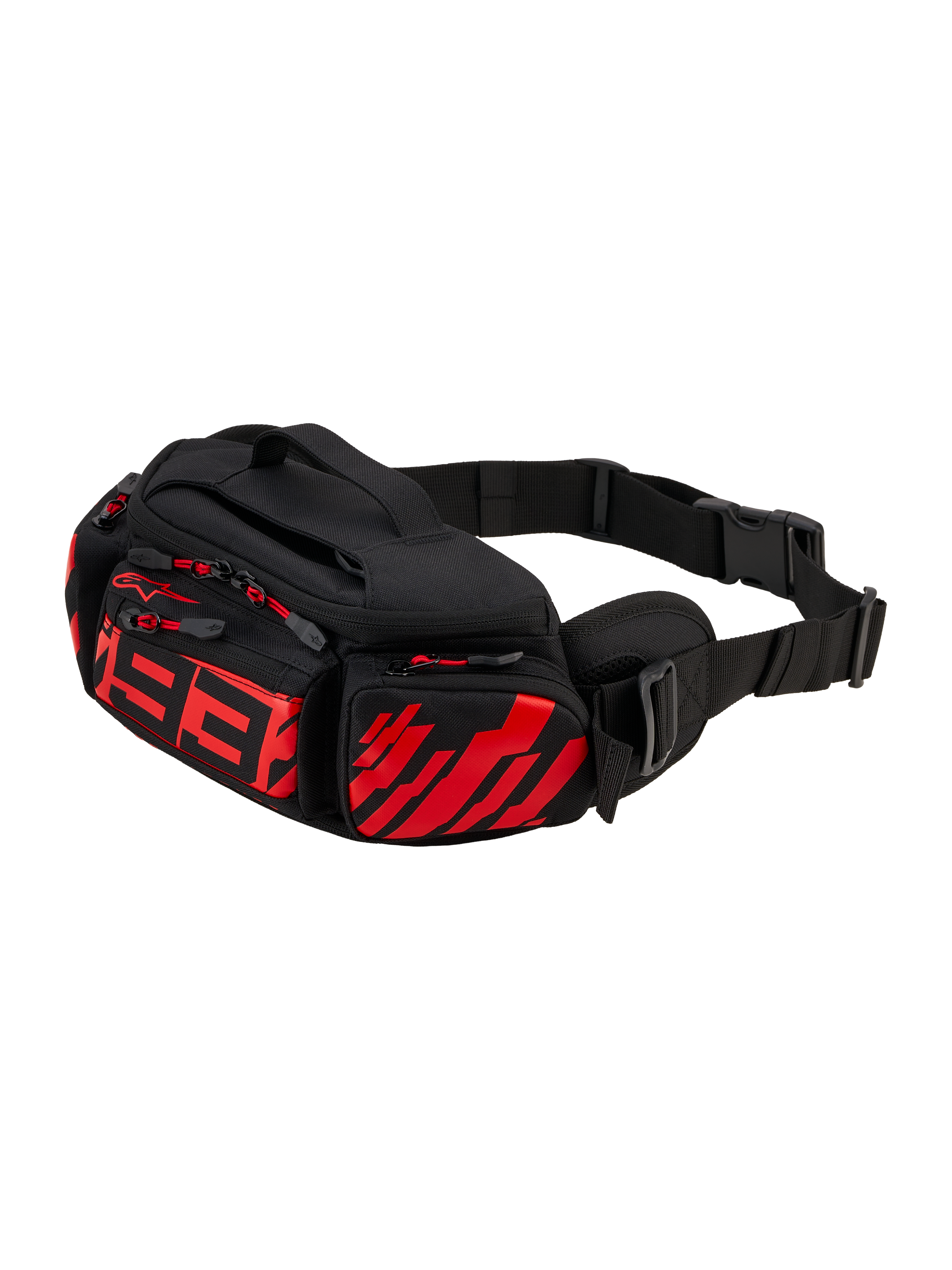Alpinestars MM93 Waist Bag, motorheuptas, zwart met fluorood en helderrood, voorzien van een gestileerd rood 93-logo op de voorkant, meerdere opbergvakken met ritssluiting en rode trekkers, verstelbare zwarte heupband met gesp, duurzame textielconstructie