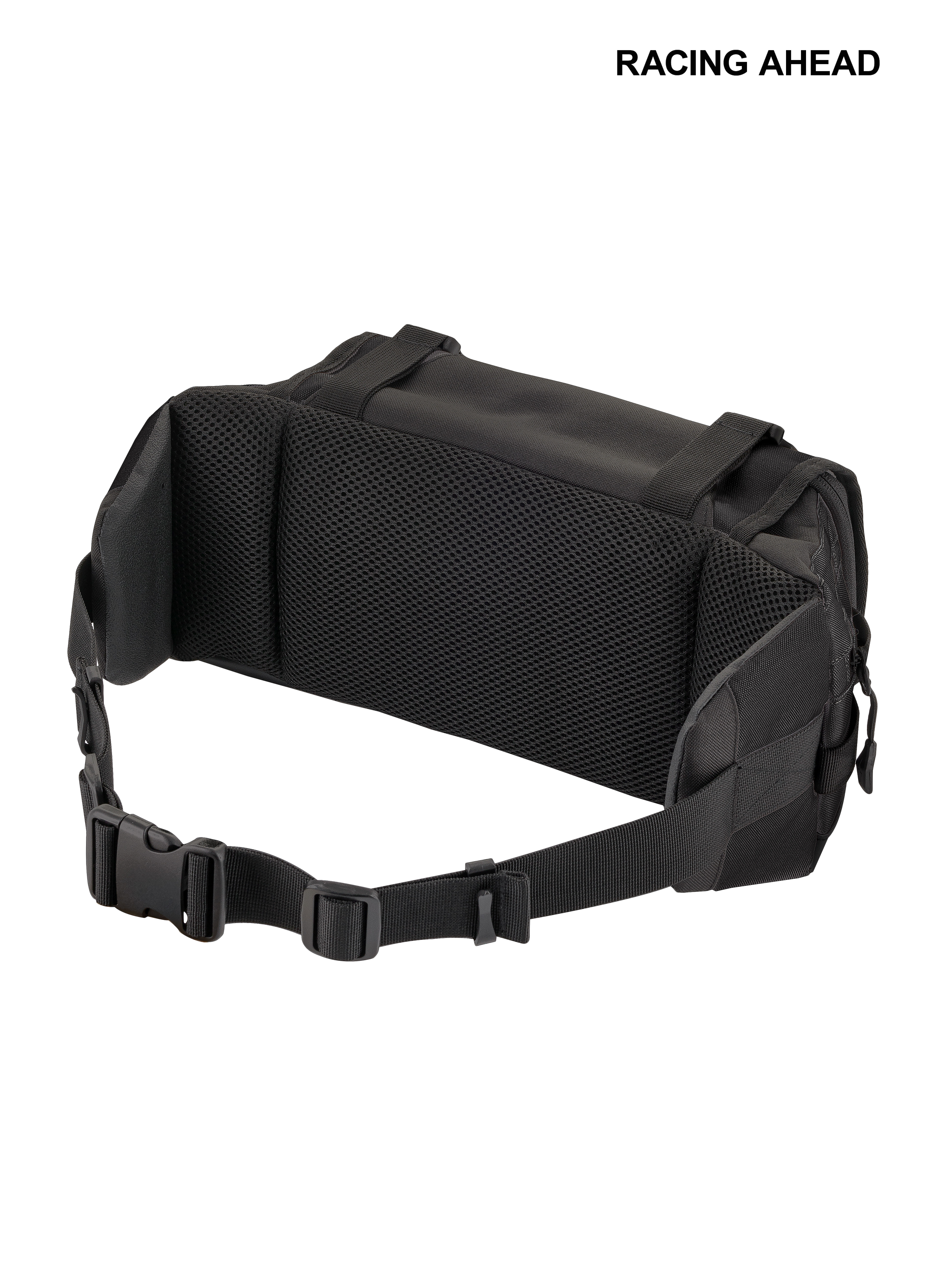 Alpinestars Tech Tool Pack, Enduro and Motocross Tool Bag, Black, rear view showing air-mesh back padding for ventilation, adjustable waist belt with secure plastic buckle, durable textile construction for off-road use