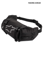 Alpinestars Tech Tool Pack, zwarte duurzame motorfiets gereedschap-heuptas, voorzien van een grijs Alpinestars sterlogo, verstelbare compressiebanden met plastic gespen en zijvakken met ritssluiting voor enduro- en off-roadgebruik