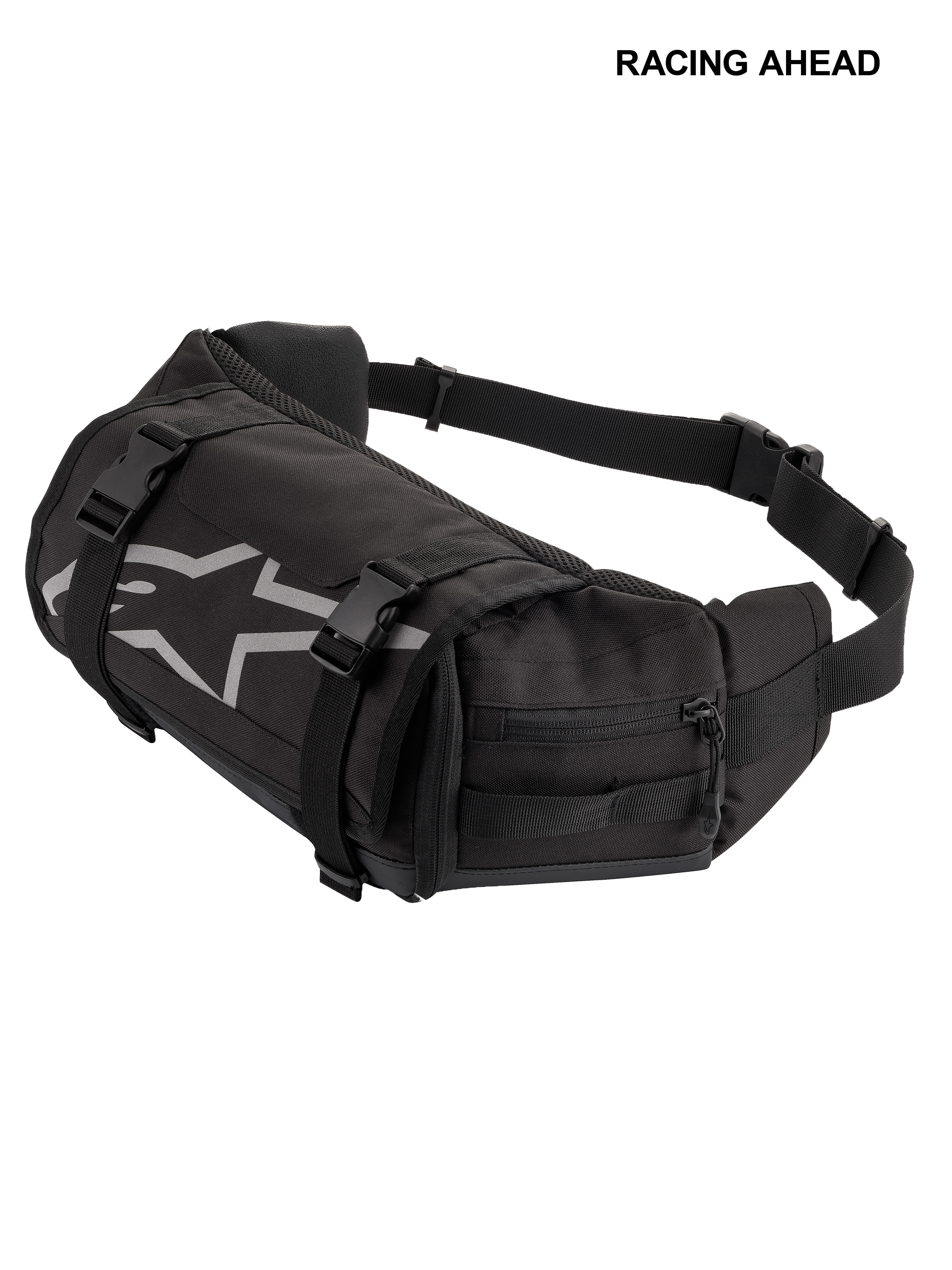 Alpinestars Tech Tool Pack, Black, durable motorcycle tool waist bag, featuring grey Alpinestars star logo, adjustable compression straps with plastic buckles, and zippered side compartments for enduro and off-road use