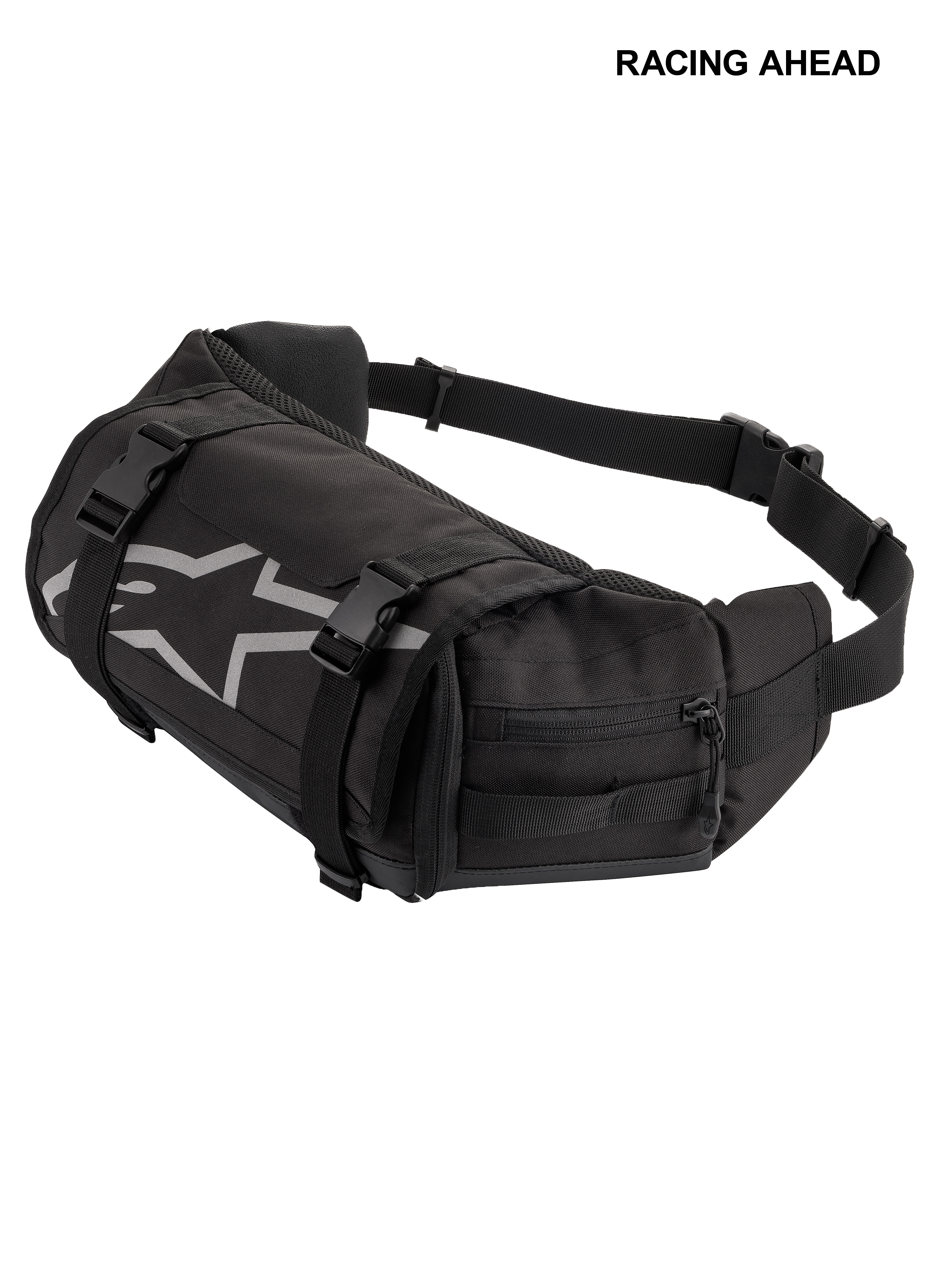 Alpinestars Tech Tool Pack, zwarte duurzame motorfiets gereedschap-heuptas, voorzien van een grijs Alpinestars sterlogo, verstelbare compressiebanden met plastic gespen en zijvakken met ritssluiting voor enduro- en off-roadgebruik