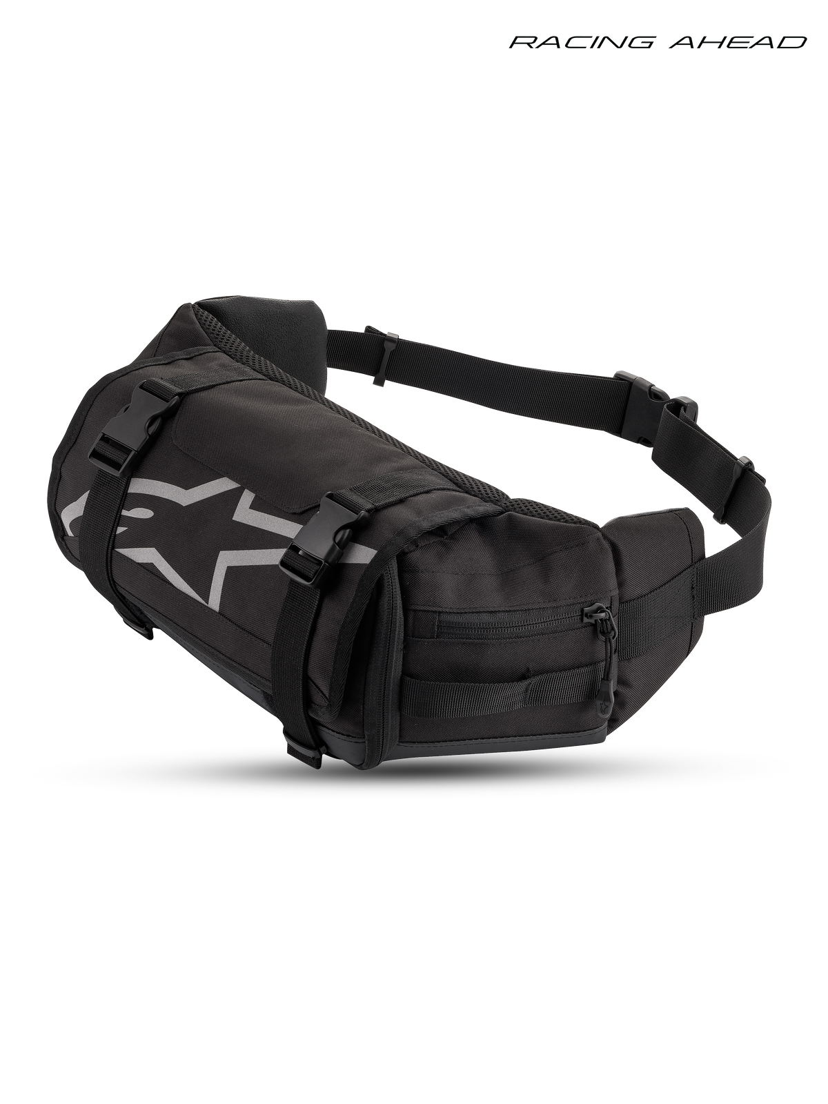 Alpinestars Tech Tool Pack, Enduro waist bag, black and white, featuring durable 600D polyfabric construction, compression straps, and front logo detail, studio product shot for off-road riding