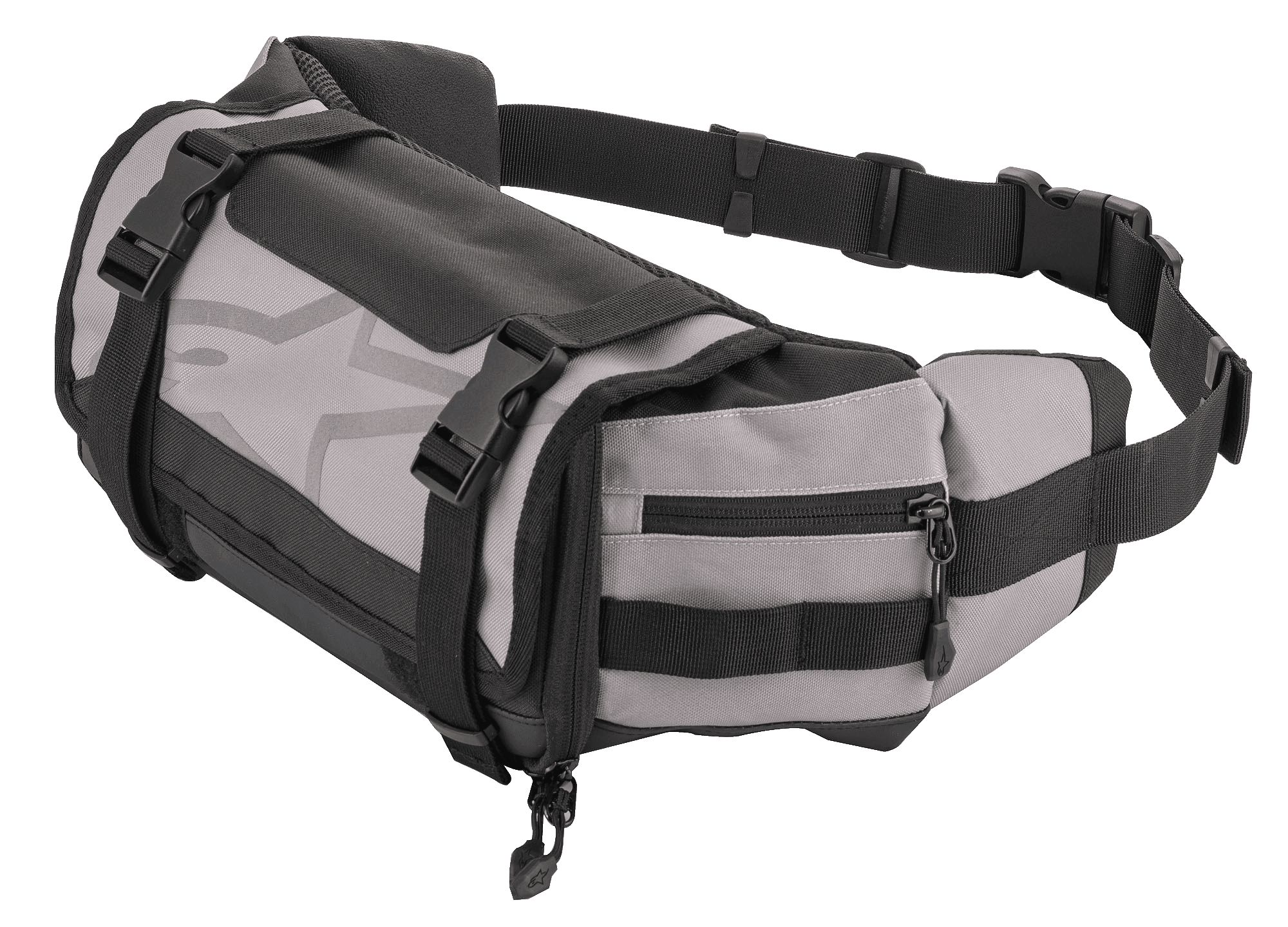 Alpinestars Tech Tool Pack, grijze en zwarte enduro heuptas, opbergtas voor motorgereedschap, verstelbare riemen met plastic gespen, groot sterlogo, duurzame textielconstructie, compact ontwerp