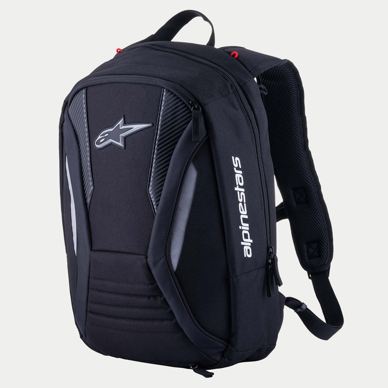 Alpinestars Charger Boost Backpack, Motorcycle Backpack, Black, aerodynamic semi-rigid shell featuring a front Astar logo and white vertical branding, carbon-fiber textured panels and reflective accents, streamlined design for performance road riding