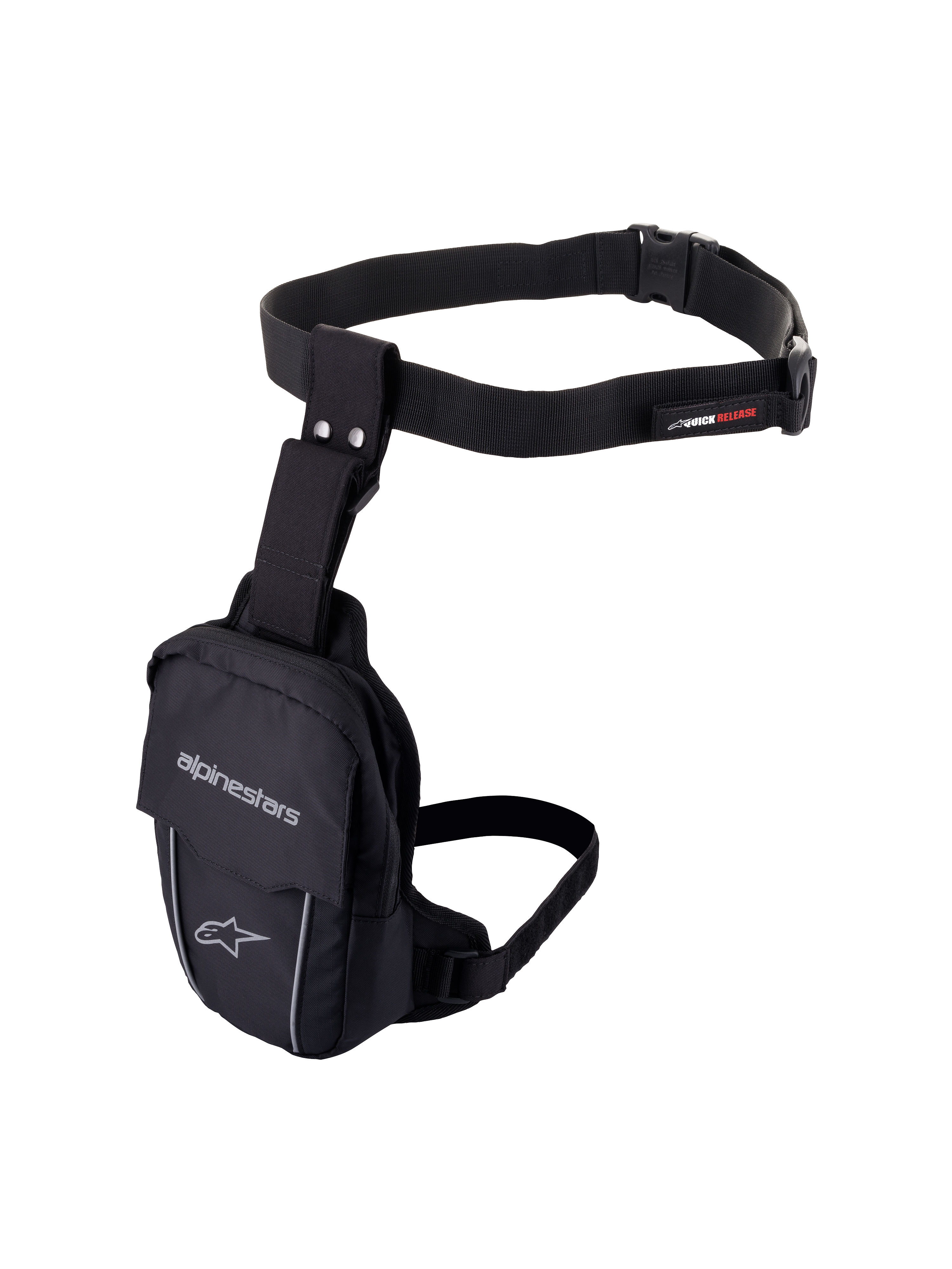 Alpinestars Access Beentas, zwarte motorbeentas, duurzame textielconstructie met verstelbare heupriem en dijbeenband, voorzien van Alpinestars-branding, reflecterende bies en snelsluiting, ergonomisch ontwerp voor het opbergen van kleine benodigdheden tijdens het rijden.