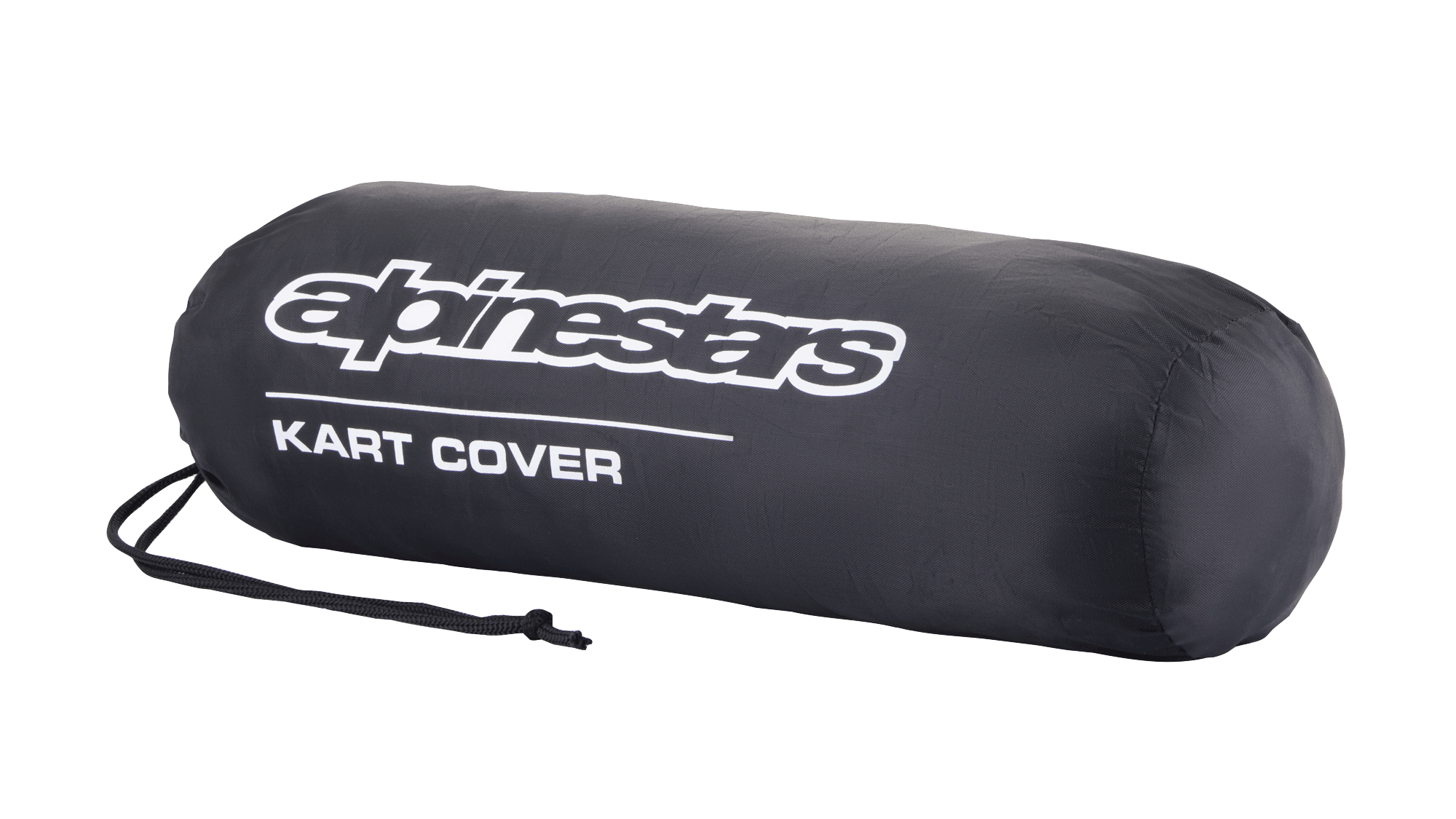 Alpinestars Kart Cover opbergzak, zwart, voorzien van wit Alpinestars-logo en 'KART COVER'-tekst, cilindrische vorm met een trekkoordsluiting, compact en draagbaar ontwerp voor motorsportuitrusting